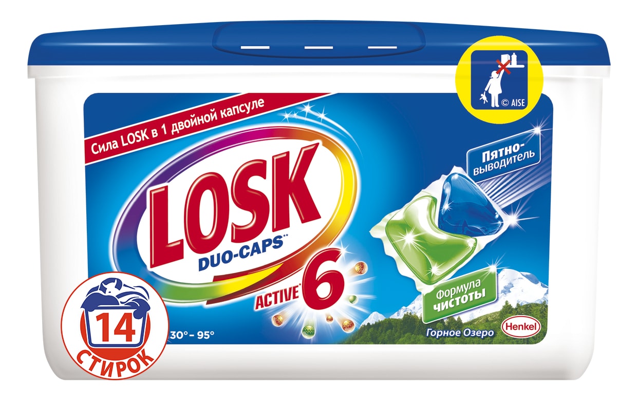 Капсулы для стирки Losk Duo-Caps, 14 шт935251 Капсулы для стирки Losk Duo-Caps, 14 шт935251Для белого и светлого белья. LOSK Active 6 Двойная капсула - последнее поколение средств для стирки LOSK, содержащее 6 активных компонентов, каждый из которых эффективно справляется с различными видами загрязнений. Результат стирки – чистота и свежий аромат вещей. Капсулы LOSK соединяют в себе две уникальные концентрированные формулы, которые начинают действовать сразу после растворения. Одна часть капсулы содержит Формулу Чистоты для белоснежной чистоты белья, а вторая часть капсулы содержит пятновыводитель для удаления даже самых трудных загрязнений. С LOSK Дуо-Капс дозирование и сама стирка становятся просто элементарными: помещаете капсулу в барабан стиральной машины вместе с вещами, устанавливаете нужный режим и запускаете стирку. Готово! 1 капсула – 1 стирка!