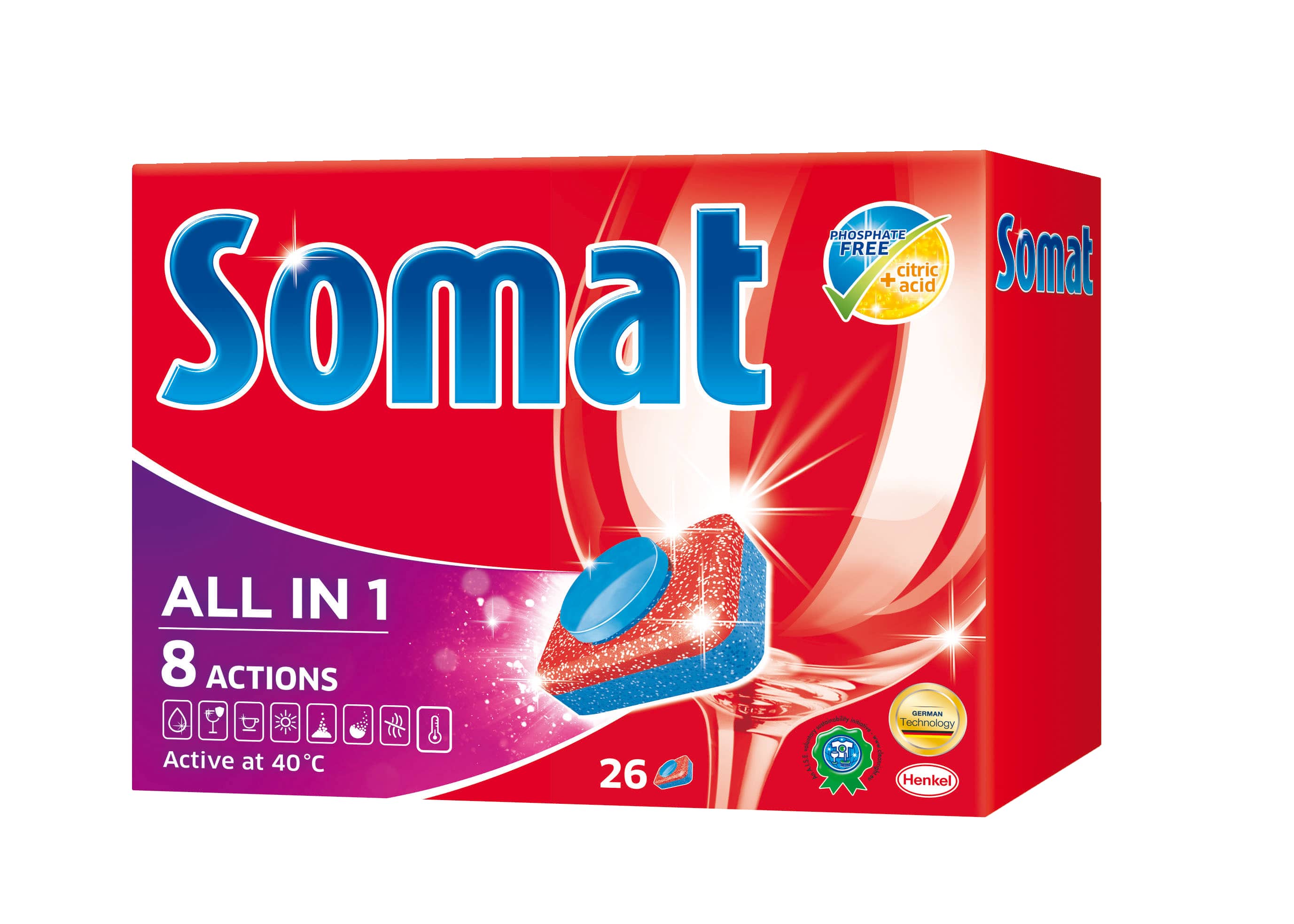 Таблетки для посудомоечной машины Somat, 26 шт935248 Таблетки для посудомоечной машины Somat, 26 шт935248Сомат Все-в-1 с активной формулой обеспечивает кристальную чистоту и сияющий блеск вашей посуде и включает следующие функции: Очиститель - для великолепной чистоты. Функция ополаскивателя - для сияющего блеска. Функция соли - для защиты посуды и стекла от известкового налета. Удаление пятен от чая. Защита посудомоечной машины против известковых отложений. Функция замачивания - эффективен как при замачивании Активная формула Пауэр Бустер помогает устранить засохшие остатки пищи.
