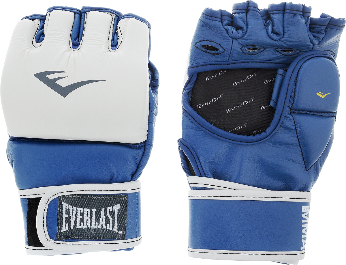 Перчатки тренировочные Everlast MMA Grappling, цвет: синий, белый. Размер L/XL7684BLLXLU Перчатки тренировочные Everlast MMA Grappling, цвет: синий, белый. Размер L/XL7684BLLXLUТренировочные перчатки Everlast MMA Grappling предназначены для отработки захватов. Натуральная кожа высшего качества вкупе с превосходным дизайном гарантируют долговечность и функциональность. Перчатки идеально повторяют все анатомические изгибы кисти Защита большого пальца состоит из двух секций для большей свободы, швы на ладони значительно усилены. Обмотки с застежкой на липучке позволяют подогнать перчатки по вашей руке, а также обеспечивают максимальную фиксацию запястья.