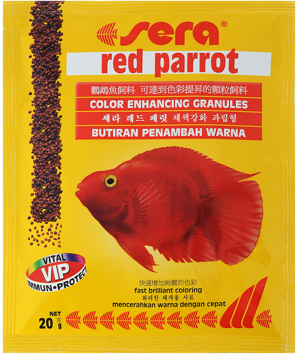 Корм для рыб Sera Red Parrot, 20 г0410 Корм для рыб Sera Red Parrot, 20 г0410Плавающий гранулированный корм Sera Red Parrot специально разработан для рыб-попугаев. Тщательно подобранные ингредиенты корма бережно обработаны и хорошо сбалансированы, чтобы удовлетворить специфические потребности этих впечатляющих рыбок. Натуральные пигменты обеспечивают усиление яркости окраса в течение короткого периода времени. Инструкция по применению: Кормить несколько раз в день экономно, но только в том объеме, который рыбы могут съесть за короткий период времени. Ингредиенты: рыбная мука, кукурузный крахмал, пшеничная мука, пшеничная клейковина, пшеничные зародыши, пивные дрожжи, спирулина, рыбий жир (в т.ч. 49% Омега жирных кислот), водоросль гаматококкус, криль, маннанолигосахариды (0,4%), растительное сырье, люцерна, крапива, петрушка, зеленые мидии, морские водоросли, паприка, шпинат, морковь, чеснок. Аналитический состав: протеин 42,0%, жиры 8,5%, клетчатка 2,8%, влажность 5,2%, зольные вещества 6,9%. Содержание добавок (витамины и провитамины):...