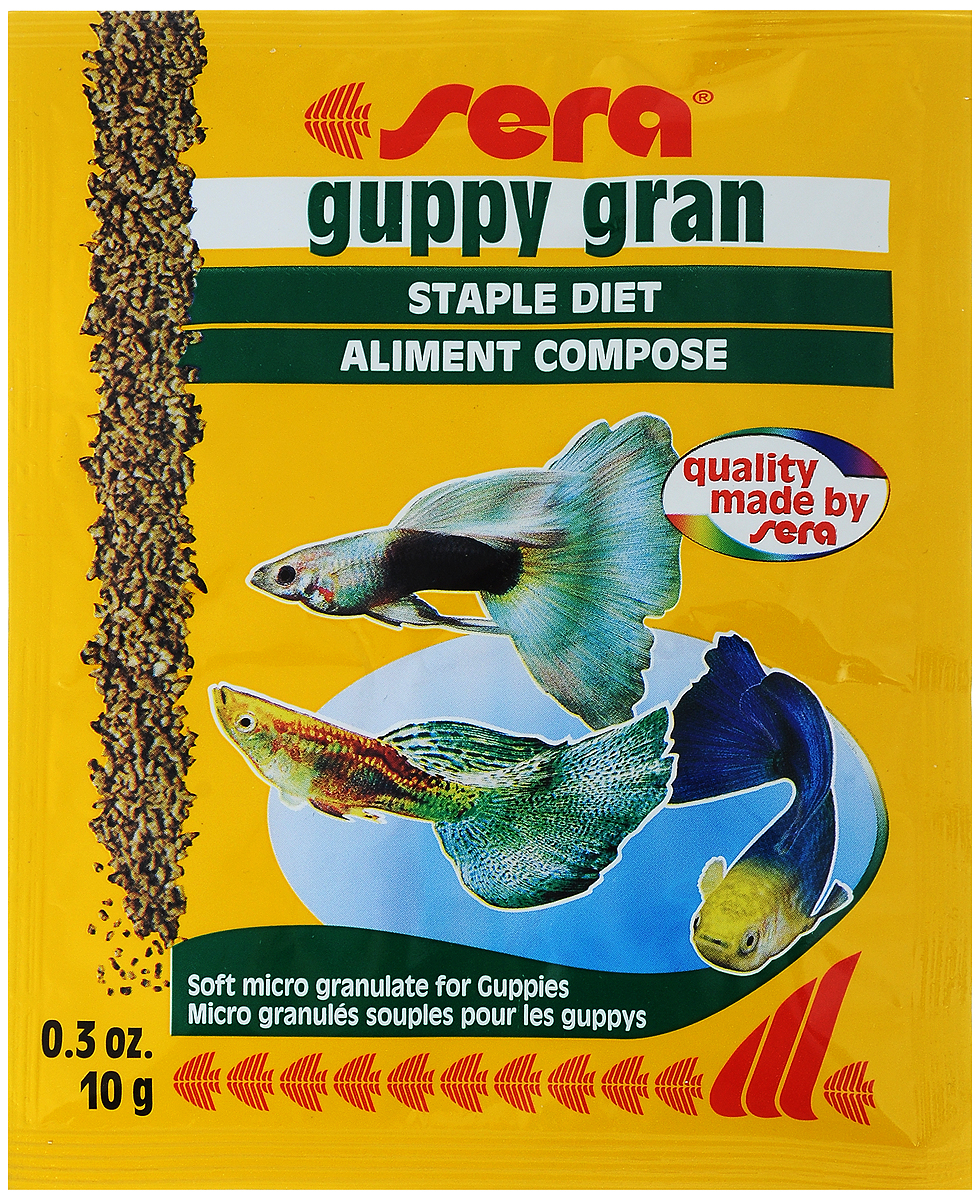 Корм для рыб Sera Guppy Gran, 10 г0712 Корм для рыб Sera Guppy Gran, 10 г0712Специальный корм Sera Guppy Gran с ценными растительными компонентами предназначен для гуппи и других мелких рыб. Тщательно подобранные ингредиенты корма с пребиотическим действием способствуют оптимальному развитию, устойчивости к заболеваниям и яркой окраске. Ингредиенты: кукурузный крахмал, пшеничная клейковина, рыбная мука, рыбий жир, измельченная спирулина, пивные дрожи, мука из зародышей пшеницы, травы, мука люцерны, мука из крапивы, мука из гаммаруса, мука из морских водорослей, петрушка, паприка, мука из шпината, морковь, мука из мидий, чеснок. Витамины:вит.А-38200МЕ/кг, вит.D3-2000МЕ/кг, вит.Е-120МЕ/кг, вит.В-130мг/кг, вит.В-290мг/кг, вит.С-550мг/кг. Состав: протеин 34,2%, сырой жир 6,6%, сырая клетчатка 4,4%, влажность 6,7%, зола 5,0%. Товар сертифицирован.
