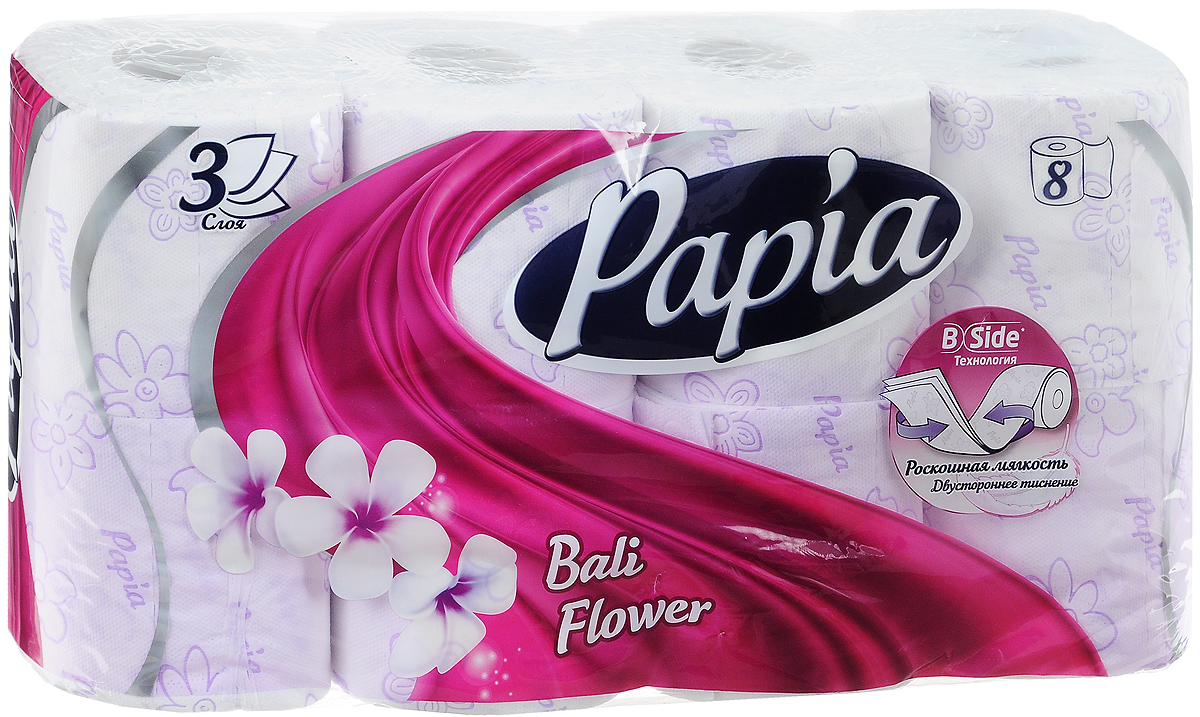 Туалетная бумага Papia Bali Flower ароматизированная, трехслойная, цвет: белый, 8 рулонов15288 Туалетная бумага Papia Bali Flower ароматизированная, трехслойная, цвет: белый, 8 рулонов15288Трехслойная туалетная бумага Papia Bali Flower изготовлена из целлюлозы высшего качества. Листы оформлены тисненым рисунком в виде цветов и надписи Papia. Мягкая, нежная, но в тоже время прочная, бумага не расслаивается и отрывается строго по линии перфорации. Бумага ароматизирована. Туалетная бумага Papia Bali Flower предназначена для тех, кто хочет, чтобы ванная была самая уютная на свете, а нежный аромат балийского цветка поднимет вам настроение. Товар сертифицирован. Материал: 100% целлюлоза. Количество листов (в одном рулоне): 140 шт. Количество слоев: 3. Размер листа: 9,5 см х 12 см. Длина рулона: 16,8 м. Уважаемые клиенты! Обращаем ваше внимание на возможные изменения в дизайне упаковки. Качественные характеристики товара остаются неизменными. Поставка осуществляется в зависимости от наличия на складе.