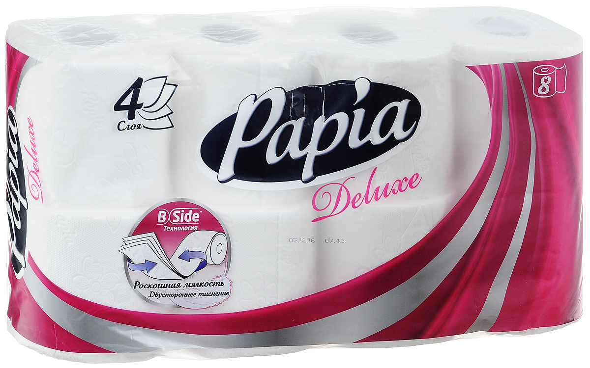 Туалетная бумага Papia Deluxe, четырехслойная, цвет: белый, 8 рулонов15281 Туалетная бумага Papia Deluxe, четырехслойная, цвет: белый, 8 рулонов15281Четырехслойная туалетная бумага Papia Deluxe изготовлена из целлюлозы высшего качества. Листы оформлены тисненым рисунком в виде цветов и надписи Papia. Мягкая, нежная, но в тоже время прочная, бумага не расслаивается и отрывается строго по линии перфорации. Бумага не ароматизирована. Туалетная бумага Papia Deluxe предназначена для тех, кто хочет, чтобы ванная была самая уютная на свете. Товар сертифицирован. Материал: 100% целлюлоза. Количество листов (в одном рулоне): 140 шт. Количество слоев: 4. Размер листа: 9,5 см х 12,5 см. Длина рулона: 17,5 м. Уважаемые клиенты! Обращаем ваше внимание на возможные изменения в дизайне упаковки. Качественные характеристики товара остаются неизменными. Поставка осуществляется в зависимости от наличия на складе.