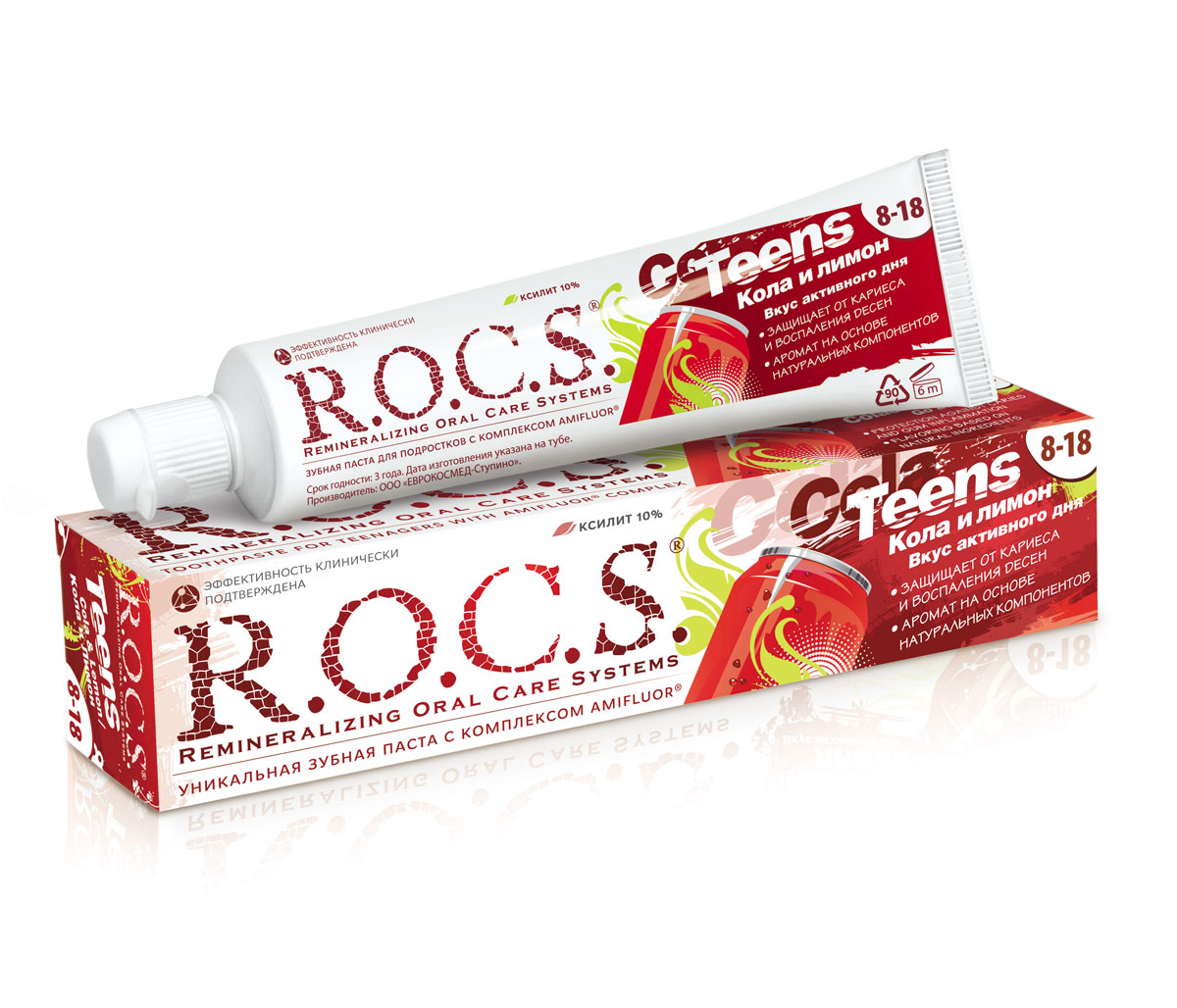 R.O.C.S. Teens Зубная паста Вкус активного дня Кола и Лимон, 74 гр32700077 R.O.C.S. Teens Зубная паста Вкус активного дня Кола и Лимон, 74 гр32700077В школьном возрасте продолжается процесс созревания эмали (до 18 лет), который можно поддержать, применяя зубные пасты, содержащие фтор и ксилит. R.O.C.S. для младших школьников и подростков содержит высокоэффективный комплекс AMIFLUOR - источник ксилита и аминофторида, который обеспечивает быстрое, всего 20 секунд, формирование высокостабильного защитного слоя. Благодаря этому паста R.O.C.S. Teens обладает следующими эффектами: Повышает устойчивость молодой эмали зубов к растворяющему действию кислот более чем в 2 раза. Снижает выход кальция и фосфора из эмали зубов. Способствует интенсивному насыщению зубов минералами, ускоряя процесс созревания эмали. Защищает зубы от кариесогенных бактерий за счёт высокого содержания ксилита. Обеспечивает надёжную защиту дёсен от воспаления, по эффективности защиты десен не уступает зубным пастам с антисептиком. Выполняет функцию пребиотика и нормализует состав микрофлоры полости рта. Благодаря мягкой низкоабразивной...