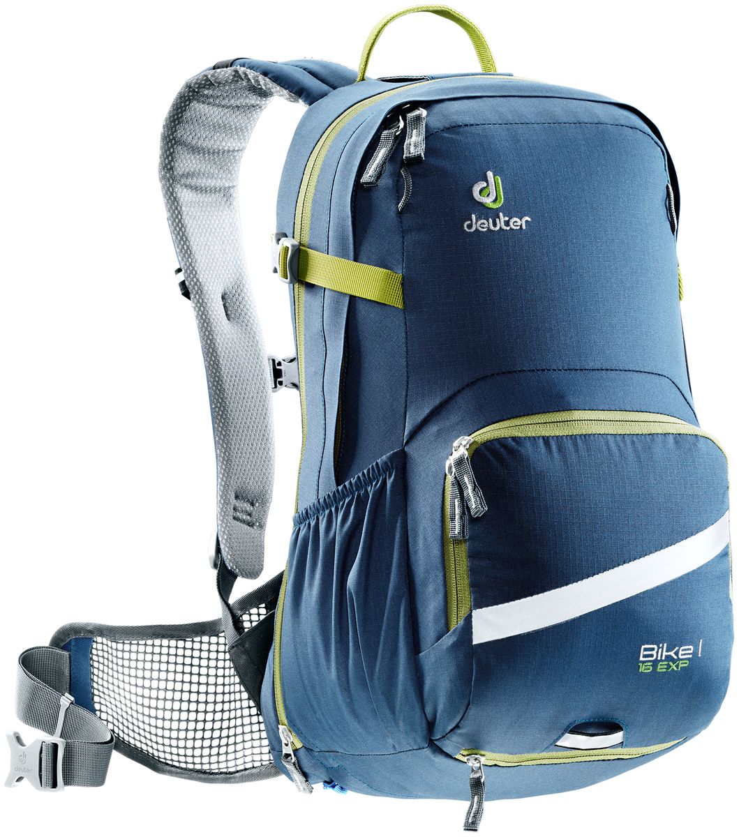 Рюкзак Deuter Bike I Air EXP 16, цвет: хаки, темно-синий, 16 л3203017_3221 Рюкзак Deuter Bike I Air EXP 16, цвет: хаки, темно-синий, 16 л3203017_3221- съемный держатель для шлема - прекрасная вентиляция, плотное прилегание к спине, благодаря системе Airstripes с регулируемыми стойками каркаса (Bike I 18 SL & 20) - максимальная вентиляция благодаря сетчатой FlexLite спинке AIRCOMFORT (Bike I Air EXP 16) - хорошо вентилируемые, легкие, сетчатые набедренные крылья пояса (Bike I 18 SL, Air EXP 16 & 20) - поясной ремень (Bike I 14) - чехол от дождя на молнии - удобные плечевые лямки с мягкими краями Soft-Edge - съемный, складывающийся дождевик - компрессионные ремни - большой карман на молнии с органайзером и карабинчиком для ключей и отделениями для мобильного телефона, бумажника, инструментов и т.д. - легкодоступное отделение на молнии для смартфона или карты на задней стороне - эластичные боковые карманы - большие 3M отражающие полосы на переднем кармане - светоотражающая петля для габаритного фонарика - отделение для влажной одежды - совместимость с питьевой системой ...