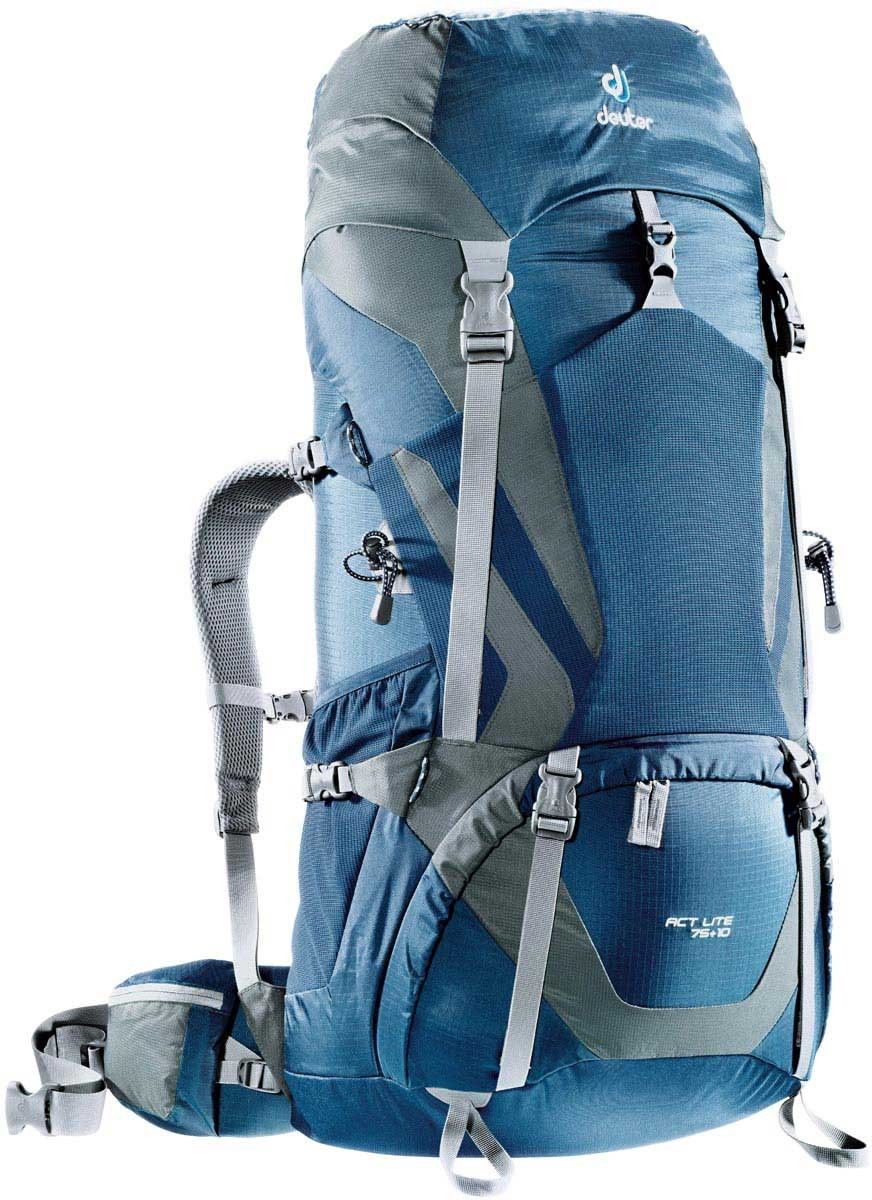 Рюкзак Deuter ACT Lite 75+10, цвет: темно-серый, темно-синий, 75 л4340315_3473 Рюкзак Deuter ACT Lite 75+10, цвет: темно-серый, темно-синий, 75 л4340315_3473Надежный вместительный рюкзак для путешествий и экспедиций: Совершенная подвеска с комфортной спинкой, прямой доступ в основное отделение – сочетание комфорта и функциональности. Благодаря подвижным набедренным крыльям Vari Flex, системе спинки Vari Quick и каркасу X-Frames, одна и та же система подвески подходит к любым грузам от средних до тяжёлых, оставаясь устойчивой, гибкой и эффективно распределяющей нагрузку. Система Aircontact с продуманной эргономичной системой подушек спинки очень хорошо сидит на спине и обеспечивает отличную вентиляцию со всех сторон. Модели SL разработаны специально для людей невысокого роста. - экономия энергии и комфорт, благодаря анатомическому подвижному набедренному поясу Vari Flex, отслеживающему любое ваше движение - компрессионные ремни на набедренных крыльях для точной регулировки положения груза - поясная застёжка Pull-Forward легко регулируется даже под тяжёлым грузом - прочный сотовый алюминиевый X-образный каркас передает...