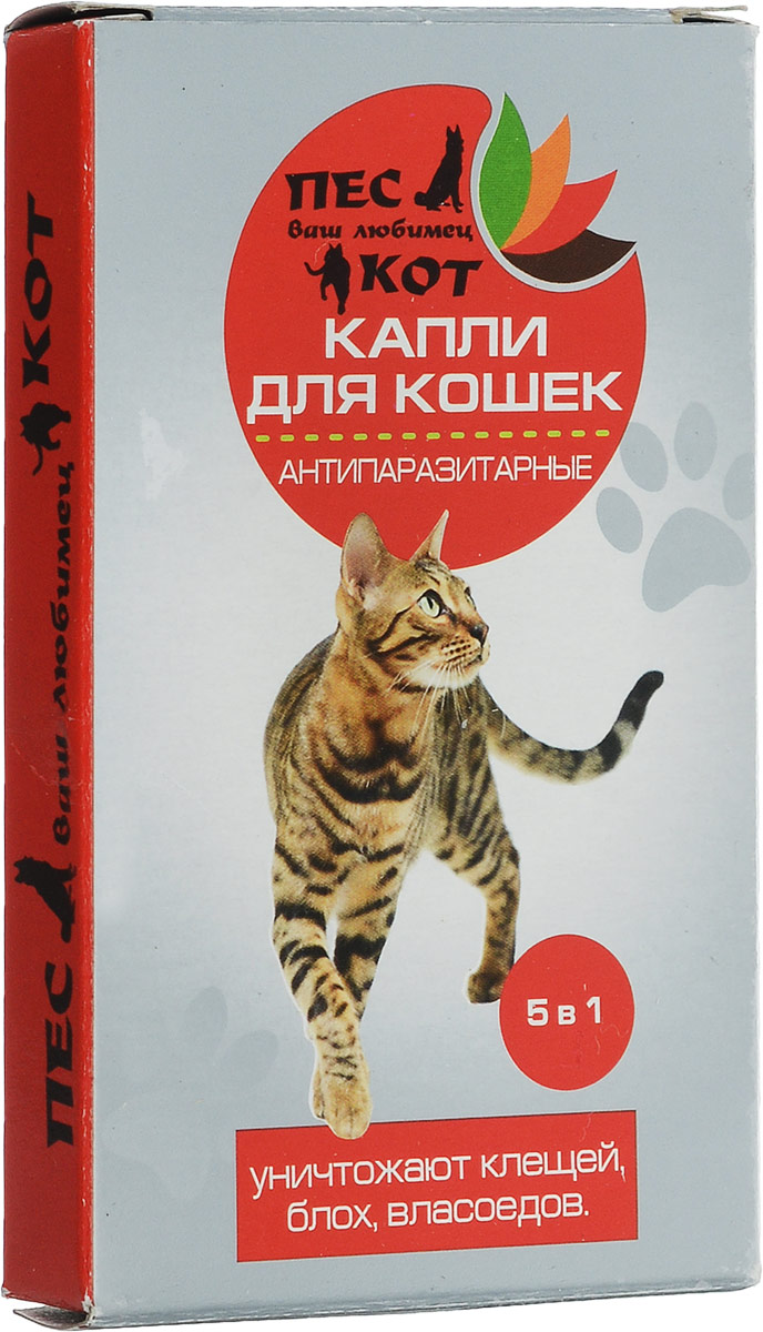 Капли от паразитов на холку 5 в 1 Пес&Кот, для кошек, котят и щенков, 2 х 0,75 млПК348801 Капли от паразитов на холку 5 в 1 Пес&Кот, для кошек, котят и щенков, 2 х 0,75 млПК348801Капли от паразитов на холку 5 в 1 Пес&Кот предназначены для кошек, котят и щенков. Натуральные эфирные масла и растительные экстракты, входящие в состав капель, эффективно уничтожают эктопаразитов (клещи, блохи, власоеды) и отпугивают энтопаразитов (комары, слепни, мухи). Экстракт далматской ромашки и масло лаванды уничтожают паразитов, а также яйца и личинки блох, и предотвращают их появление в течение 30 дней. Масло чайного дерева и вытяжка календулы устраняют зуд и раздражение от укусов, а также оказывают антисептическое и противомикробное действие. Капли являются водостойкими и безвредными для животного. После нанесения на кожу, активные компоненты состава постепенно распределяются по шерсти животного и уничтожают блох и клещей в течение 24 часов. Одна ампула (0,75 мл) предназначена для кошек весом 4-6 кг, две ампулы при весе кошки от 6 кг. Доза 1/2 ампулы рекомендуется при весе животного 1-3 кг. Способ применения:...