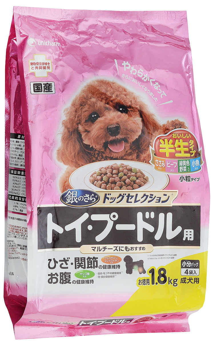 Корм сухой Unicharm Gaines Dog Selection для собак породы пудель, мальтийская болонка, 1,8 кг696774 Корм сухой Unicharm Gaines Dog Selection для собак породы пудель, мальтийская болонка, 1,8 кг696774Сбалансированный мягкий корм Unicharm Gaines Dog Selection для пуделя и мальтийской болонки непременно понравится даже самым привередливым представителям этих пород и удовлетворит самый взыскательный вкус. Ароматные маленькие гранулы содержат все необходимые витамины и минералы для поддержания здоровья вашего питомца. Сочетание ценных жирных кислот Омега 6 и 3 способствует росту здоровой красивой шерсти и предотвращает развитие заболеваний кожи. Витамины С и Е способствуют укреплению естественных защитных механизмов глаз собаки. Глюкозамин и хондроитин защищают хрящи и суставы животного, способствуют нормальному функционированию опорно-двигательного аппарата. Товар сертифицирован.