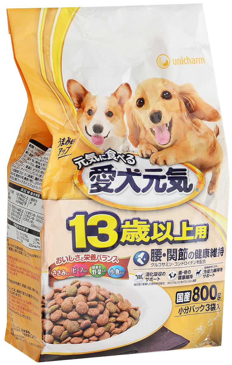 Корм сухой Unicharm Aiken Genki для собак с 13 лет, с курицей, говядиной, овощами и мелкой рыбой, 800 г638705 Корм сухой Unicharm Aiken Genki для собак с 13 лет, с курицей, говядиной, овощами и мелкой рыбой, 800 г638705Сбалансированный корм для собак старше 13 лет Unicharm Silver Plate обладает неповторимым вкусом курицы, говядины, рыбы, овощей и мелкой рыбой. Прекрасно удовлетворяет потребности пожилой собаки в питательных веществах, микроэлементах и минералах. Особая рецептура продукта помогает собаке поддержать здоровье стареющих суставов. Витамины группы В, витамины С и Е в сочетании с белком укрепляют иммунитет и помогают противостоять инфекциям. Пониженное содержание жира облегчает нагрузку на печень и почки. Корм легко усваивается, содержит пищевые волокна для улучшения пищеварения. В состав корма входят полезные вещества и микроэлементы, в том числе Омега-6 и Омега-3, необходимые для поддержания здорового состояния кожи и шерсти вашего питомца. За счёт того, что гранулы корма нетвёрдые, их смогут легко прожевать собаки преклонного возраста со слабыми зубами. Товар сертифицирован.