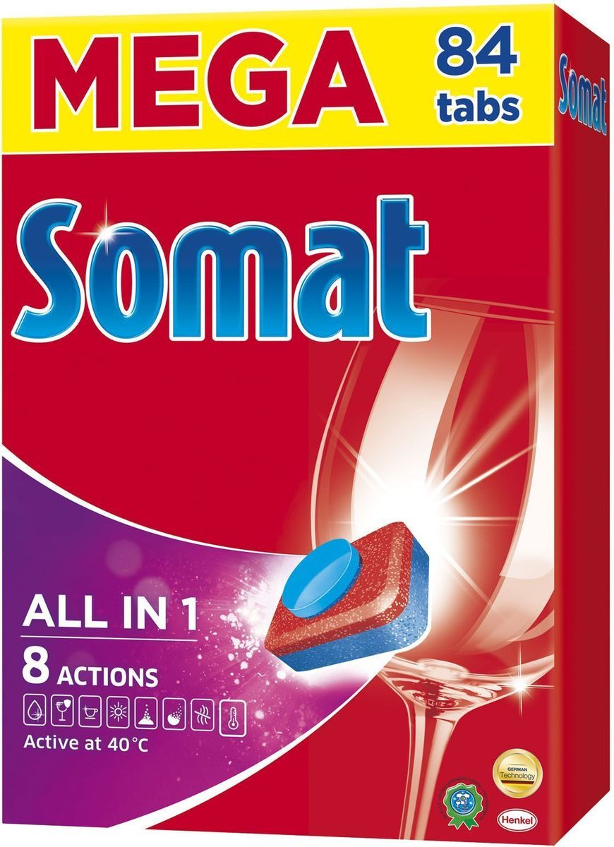 Cредство для посудомоечной машины Somat All in one, 84 шт2170498 Cредство для посудомоечной машины Somat All in one, 84 шт2170498Сомат Все-в-1 с активной формулой обеспечивает кристальную чистоту и сияющий блеск вашей посуде и включает следующие функции: Очиститель - для великолепной чистоты. Функция ополаскивателя - для сияющего блеска. Функция соли - для защиты посуды и стекла от известкового налета. Удаление пятен от чая. Защита посудомоечной машины против известковых отложений. Функция замачивания - эффективен как при замачивании Активная формула Пауэр Бустер помогает устранить засохшие остатки пищи Дозировка: 1 таблетка для любых видов загрязнений. Для очень жёсткой воды (>21 °dH) рекомендуется использовать 1 таблетку плюс Сомат соль и Сомат Ополаскиватель. Жесткость воды в вашем регионе можно узнать в службе Роспотребнадзора
