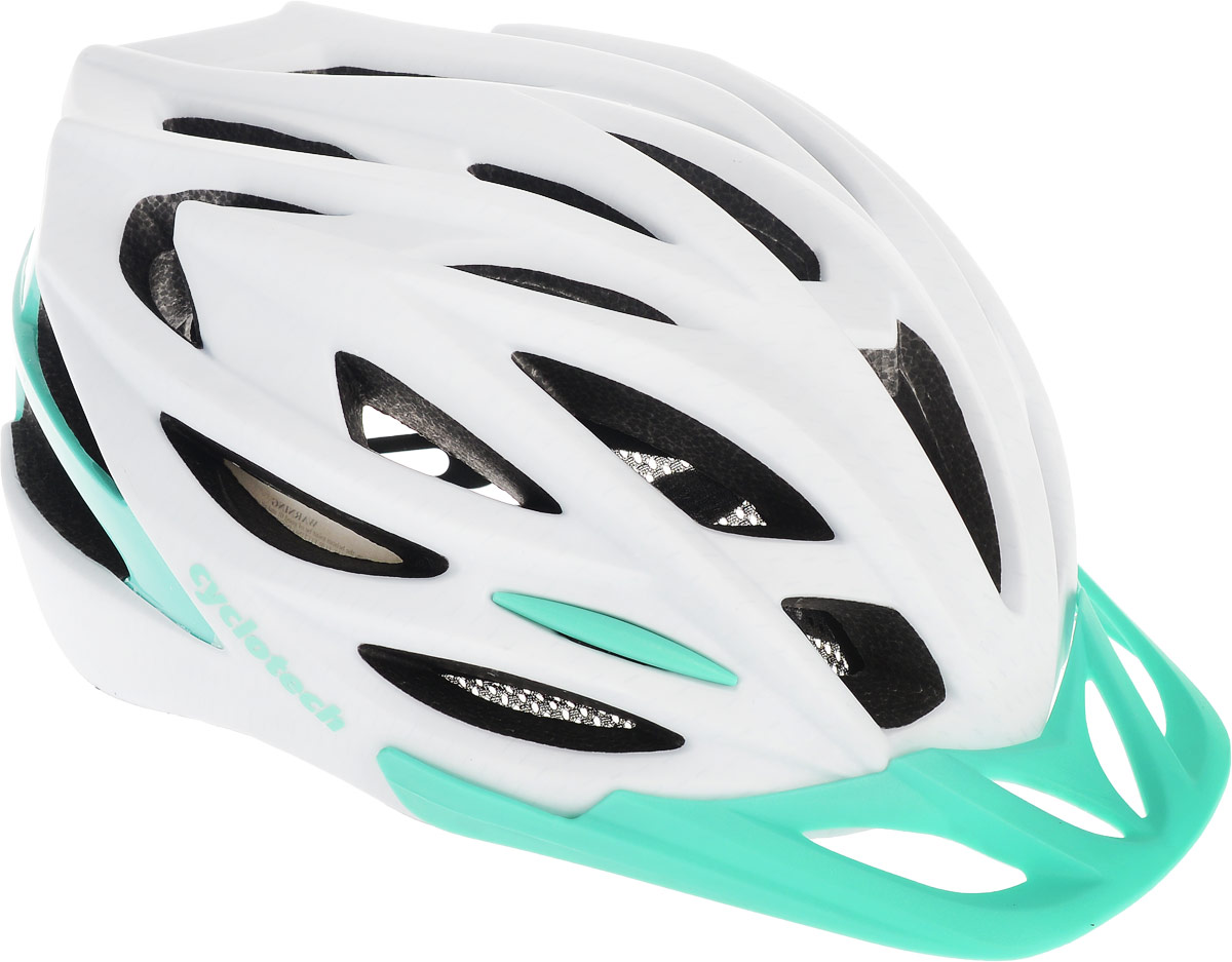 Шлем велосипедный Cyclotech, цвет: белый, изумрудный. Размер LCHLI15W-L Шлем велосипедный Cyclotech, цвет: белый, изумрудный. Размер LCHLI15W-LЖенский велосипедный шлем продвинутого уровня Cyclotech изготовлен по современной технологии Inmold. За счет применения данной технологии шлем становится значительно более устойчивым к боковым и фронтальным ударам, как тупыми, так и острыми предметами (камни, скальные породы). Улучшенная система вентиляции. Шлем соответствует международным стандартам безопасности и надежности. Обхват головы: 58-62 см.