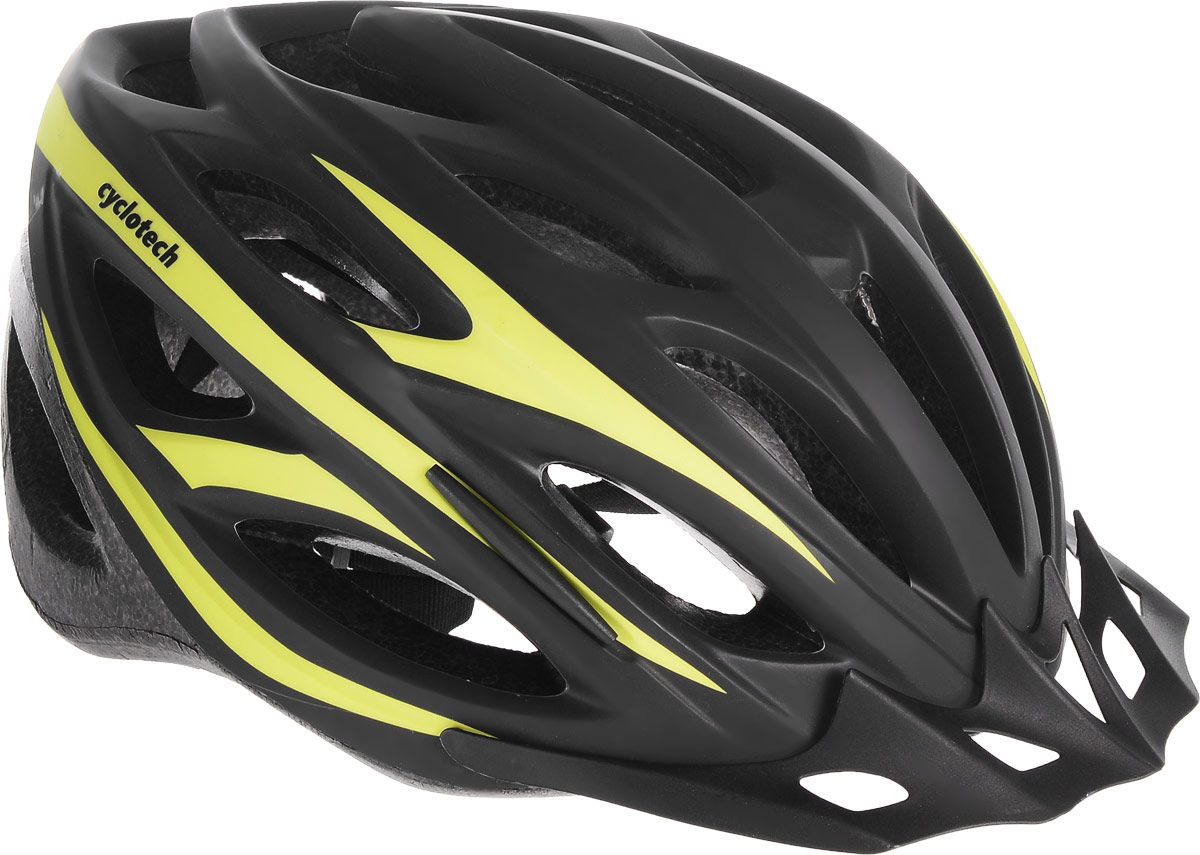 Шлем велосипедный Cyclotech, цвет: черный, зеленый. Размер LCHHY15M Шлем велосипедный Cyclotech, цвет: черный, зеленый. Размер LCHHY15MМужской велосипедный шлем Cyclotech изготовлен по технологии OutMold, которая обеспечивает хорошее сочетание невысокой цены и достаточной технологичности. Увеличенное количество вентиляционных отверстий гарантирует отличную циркуляцию воздуха при любой скорости передвижения, сохраняя при этом жесткость шлема. Шлем соответствует международным стандартам безопасности и надежности. Шлем выполнен из прочного вспененного пенопласта. Обхват головы: 55-59 см