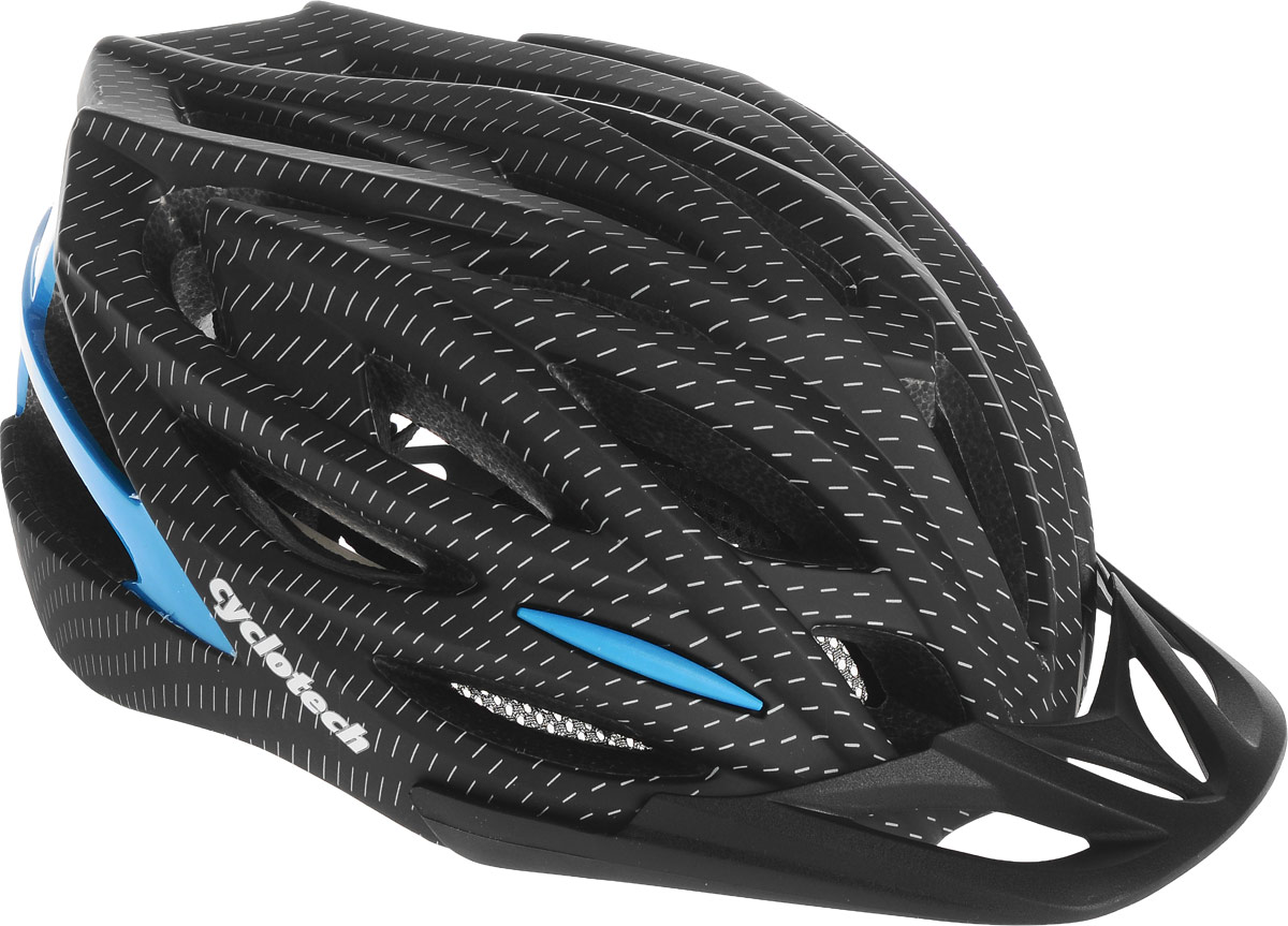 Шлем велосипедный Cyclotech, цвет: черный, синий. Размер LCHLI16M Шлем велосипедный Cyclotech, цвет: черный, синий. Размер LCHLI16MМужской велосипедный шлем продвинутого уровня Cyclotech изготовлен по современной технологии Inmold. За счет применения данной технологии шлем становится значительно более устойчивым к боковым и фронтальным ударам, как тупыми, так и острыми предметами (камни, скальные породы). Улучшенная система вентиляции. Шлем соответствует международным стандартам безопасности и надежности. Обхват головы: 58-62 см.