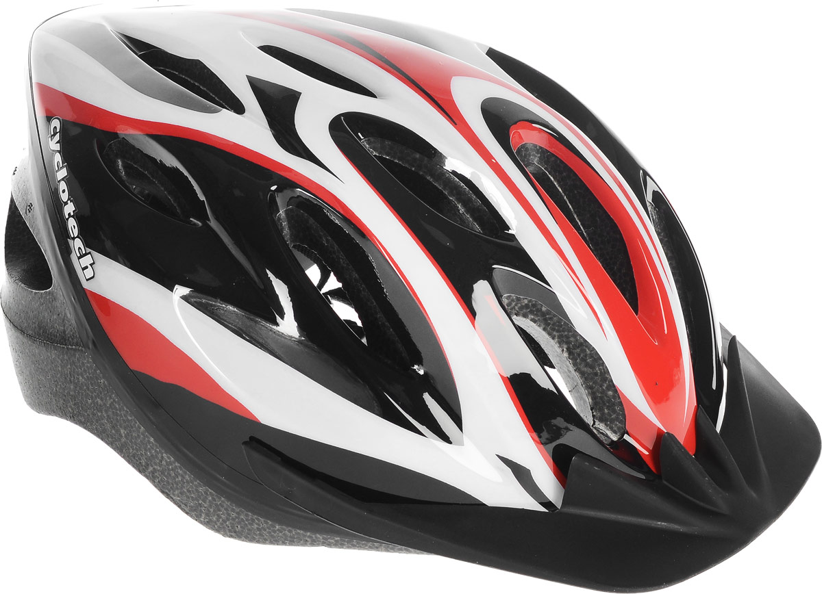 Шлем велосипедный Cyclotech, цвет: черный, красный, белый. Размер LCHLO15U Шлем велосипедный Cyclotech, цвет: черный, красный, белый. Размер LCHLO15UШлем Cyclotech изготовлен по технологии OutMold, которая обеспечивает хорошее сочетание невысокой цены и достаточной технологичности. Увеличенное количество вентиляционных отверстий обеспечивает отличную циркуляцию воздуха на любой скорости при сохранении жесткости шлема. Верхняя часть изделия выполнена из прочного пластика, внутренняя - пенополистирол. Шлем снабжен универсальным внутренним настроечным кольцом и регулируемыми текстильными ремешками. Шлем соответствует международным стандартам безопасности и надежности.