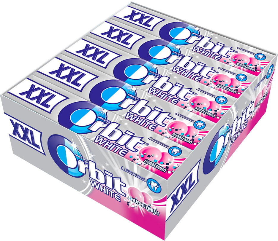 Orbit White Bubblemint XXL жевательная резинка без сахара, 20 пачек по 20,4 г4009900501644 Orbit White Bubblemint XXL жевательная резинка без сахара, 20 пачек по 20,4 г4009900501644Жевательная резинка Orbit Белоснежный Bubblemint без сахара способствует поддержанию здоровья зубов: удаляет остатки пищи, способствует уменьшению зубного налета, нейтрализует вредные кислоты, усиливает процесс реминерализации эмали. Употребление жевательной резинки каждый раз после еды способствует поддержанию чистоты и здоровья зубов в дополнение к уходу за ротовой полостью с помощью зубной щетки.