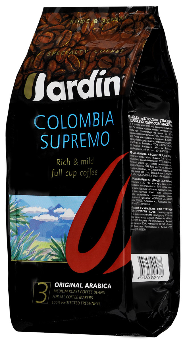 Jardin Colombia Supremo кофе в зернах, 250 г0578-15 Jardin Colombia Supremo кофе в зернах, 250 г0578-15Зерновой кофе Jardin Colombia Supremo отличается мягким шелковистым вкусом и послевкусием с нотами мускатного ореха. Кофе выращен на высокогорных плато Колумбии, открытых для солнца, но защищенных от сильных ветров. Уважаемые клиенты! Обращаем ваше внимание на то, что упаковка может иметь несколько видов дизайна. Поставка осуществляется в зависимости от наличия на складе.