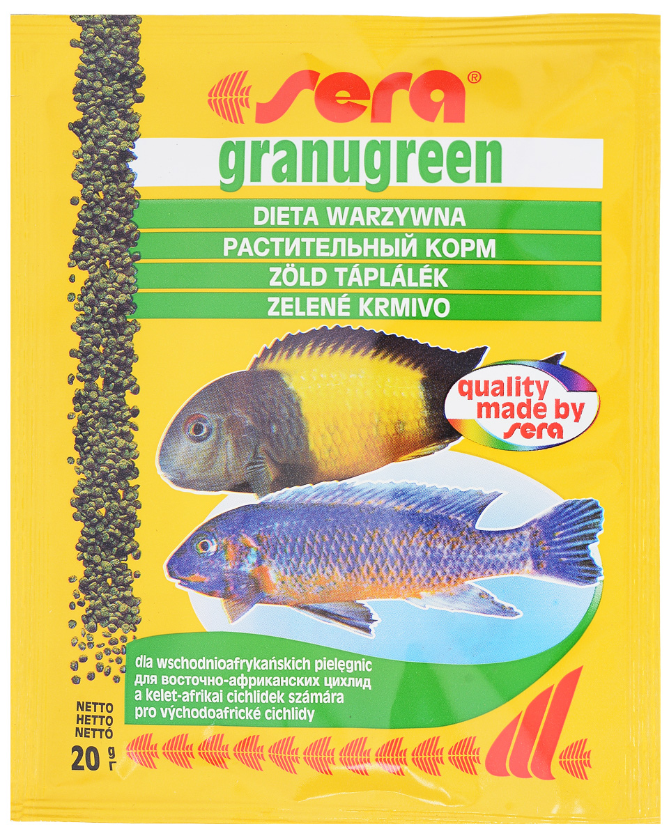 Корм для рыб Sera Granugreen, 20 г0391 Корм для рыб Sera Granugreen, 20 г0391Sera Granugreen - основной корм, предназначенный для предназначен для цихпид, которые преимущественно питаются растениями и перифитоном. Состоит из гранул, произведенных путем бережной обработки сырья. Сбалансированный состав растительных компонентов, таких как водоросль спирулина и шпинат, способствует здоровому пищеварению и оптимальному формированию яркости и насыщенности окраски цихпид. Медленно тонущие гранулы, надолго сохраняют свою форму в воде, не загрязняя её. Ингредиенты: рыбная мука, кукурузный крахмал, пшеничная клейковина, пшеничная мука, пшеничные зародыши, пивные дрожжи, рыбий жир (в том числе 49% Омега жирных кислот), петрушка, спирулина (1,7%), крапива, растительное сьрье, люцерна, маннанолигосахариды (0,4%), морские водоросли, паприка, шпинат, морковь, зеленые мидии, водоросль гематококкус, чеснок. Аналитический состав: протеин 38,9%, жиры 8,5%, клетчатка 4,8%, влажностъ 5,0%, зольные вещества 5,3%. Содержание...