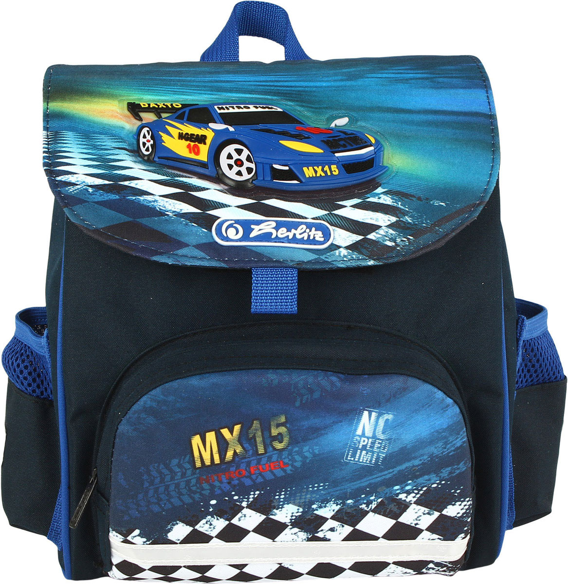 Herlitz Рюкзак дошкольный Softbag Super Race11438470 Herlitz Рюкзак дошкольный Softbag Super Race11438470Дошкольный рюкзак Herlitz Softbag Super Race - это идеальная модель, разработанная специально для детей от 6 лет. Рюкзак имеет одно вместительное отделение, закрывающееся клапаном на липучку. На лицевой стороне рюкзака находится накладной карман на застежке-молнии, а по бокам - два открытых накладных кармашка. Спинка, выполненная по специальной технологии из дышащего материала, равномерно распределяет нагрузку на плечи и спину ребенка. В нижней части спинки расположен поясничный упор - небольшой валик, на который при правильном ношении рюкзака будет приходиться основная нагрузка. Изделие оснащено удобной текстильной ручкой для переноски в руке и анатомическими лямками, которые можно регулировать по длине. Рюкзак дополнен светоотражающими элементами.