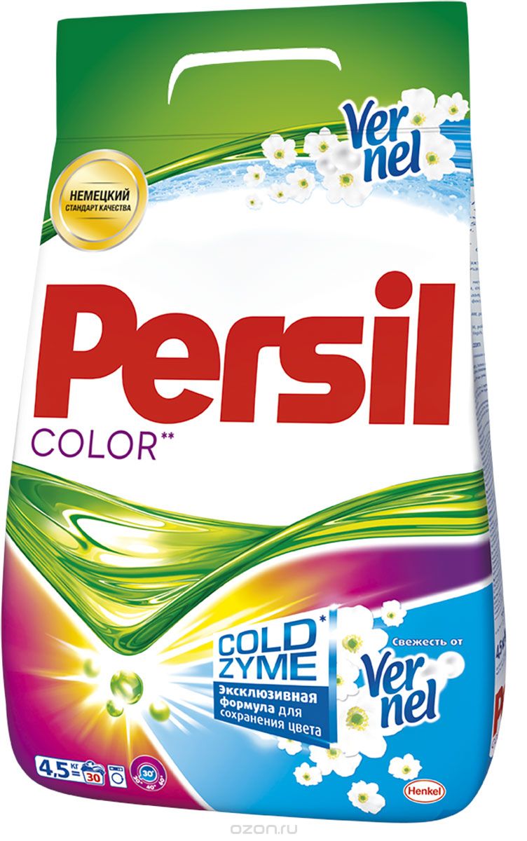 Стиральный порошок Persil Колор Свежесть от Vernel 4,5 кг904694 Стиральный порошок Persil Колор Свежесть от Vernel 4,5 кг904694Persil Color - стиральный порошок с сильной формулой, которая содержит активные капсулы пятновыводителя. Капсулы пятновыводителя быстро растворяются в воде и начинают действовать на пятно уже в самом начале стирки. Благодаря специальной формуле Persil Color отлично удаляет даже сложные пятна, а специальные цветозащитные компоненты сохраняют яркие цвета ткани. Persil Color для безупречной чистоты Вашего белья. В состав Persil Color также входят Жемчужины свежего аромата от Vernel – микрокапсулы, содержащие внутри отдушку. Во время стирки Жемчужины закрепляются на ткани и высвобождают свой аромат при каждом движении или прикосновении. Состав: 5-15% анионные ПАВ; Товар сертифицирован.