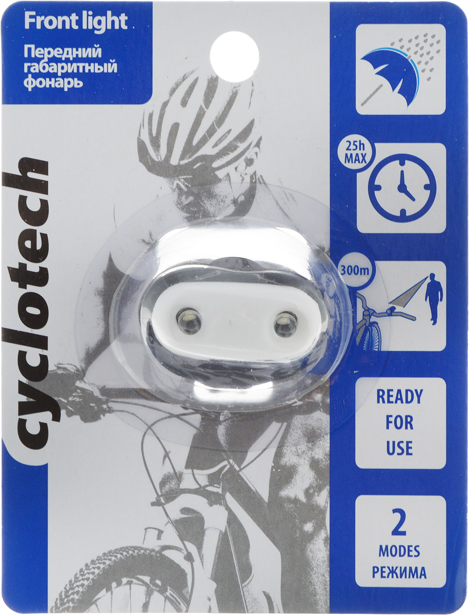 Фонарь велосипедный Cyclotech, габаритный, передний, цвет: черный, белыйCFL-4BL Фонарь велосипедный Cyclotech, габаритный, передний, цвет: черный, белыйCFL-4BLПередний габаритный велофонарь Cyclotech предназначен для обеспечения большей безопасности при поездках в темное время суток. Он легко крепится и снимается при необходимости. 2 ярких светодиода обеспечивают отличное освещение. Фонарь имеет 2 режима работы. Максимальное время работы: 25 часов. Максимальная видимость: 300 м.