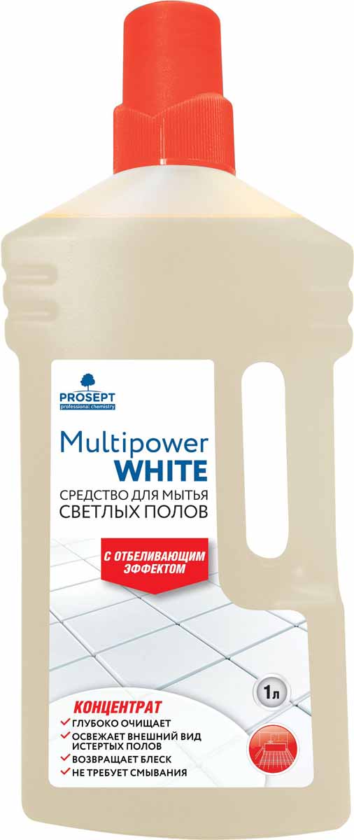 Cредство для мытья светлых полов Prosept Multipower White, с отбеливающим эффектом, концентрат, 1 л100-1 Cредство для мытья светлых полов Prosept Multipower White, с отбеливающим эффектом, концентрат, 1 л100-1Щелочное моющее низкопенное средство для мытья следующих типов напольных покрытий - керамических, синтетических (ПВХ, винил), из искусственного камня, каучуковых, окрашенных деревянных, бетонных, наливных. Удаляет атмосферные, почвенные и органические загрязнения. Отбеливает светлые напольные покрытия, возвращает свежий вид полам, потемневшим со временем. Не оставляет разводов.