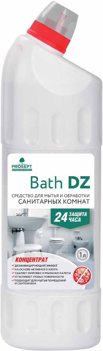 Средство для уборки и дезинфекции санитарных комнат Prosept Bath DZ, концентрат, 1 л108-1 Средство для уборки и дезинфекции санитарных комнат Prosept Bath DZ, концентрат, 1 л108-1Щелочное гелеобразное средство с антимикробным эффектом на основе активного хлора. Для ежедневного и периодического мытья сантехники (унитазов, писсуаров, раковин, ванн), стен, полов. Удаляет грязесолевые, жировые, мыльные налеты, неприятные запахи. Обеззараживает поверхности, уничтожая микроорганизмы (бактерии, грибки). Обладает выраженным отбеливающим эффектом.
