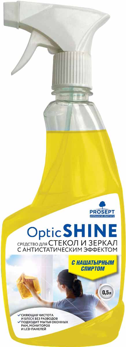 Средство для мытья стекол и зеркал Prosept Optic Shine, с антистатическим эффектом, 0,5 л116-0 Средство для мытья стекол и зеркал Prosept Optic Shine, с антистатическим эффектом, 0,5 л116-0Слабощелочное моющее средство с нашатырным спиртом. Придает выраженный блеск стеклянным и зеркальным поверхностям. Обладает антистатическим эффектом, замедляя загрязнение вымытой поверхности. Не требует смывания. Удаляет атмосферные, почвенные, органические и другие виды загрязнений со всех видов стеклянных и зеркальных поверхностей, в том числе тонированных, шероховатых, рельефных.