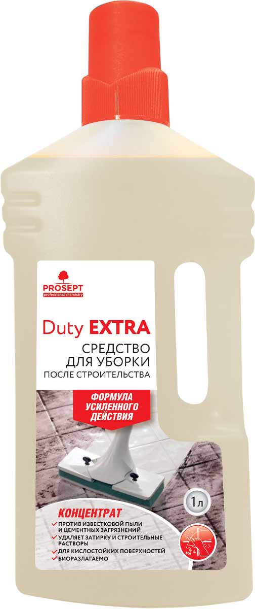 Средство для удаления строительных растворов Prosept Duty Extra, суперконцентрат, 1 л118-1 Средство для удаления строительных растворов Prosept Duty Extra, суперконцентрат, 1 л118-1Чистящее кислотное средство усиленного действия. Применяется для очистки кирпичной кладки и швов, гранита и других кислотостойких поверхностей. Удаляет цемент, строительные растворы, известь, солевые отложения, водный камень, клей, затирки для швов, ржавые подтеки, кальциево-карбонатные высолы.