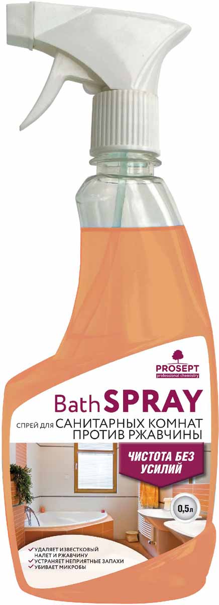 Спрей для санитарных комнат Prosept Bath Spray, универсальный, 0,5 л226-0 Спрей для санитарных комнат Prosept Bath Spray, универсальный, 0,5 л226-0Кислотное чистящее средство на основе лимонной и ортофосфорной кислоты. Применяется для ежедневной поддерживающей и периодической уборки сантехники, стен, полов. Подходит для ухода за душевыми кабинами. Освежает поверхность, устраняет неприятные запахи.