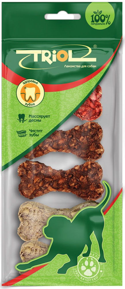Лакомство для собак Triol Кость прессованная, длина 4 см, 6 штMB2-MIX-6P Лакомство для собак Triol Кость прессованная, длина 4 см, 6 штMB2-MIX-6PКости прессованные разноцветные из сыромятной кожи. Лакомства Triol™ из сыромятной кожи прекрасно очищают межзубное пространство, предотвращают образование зубного камня, тренируют челюстные мышцы, привлекают внимание собаки на долгое время, что значительно снижает риск порчи предметов мебели и личных вещей хозяина. Подходит для собак мелких пород. Размер 4 см. Вес 1 штуки 8-10 г. Упаковка: цветной пакет 6 шт.