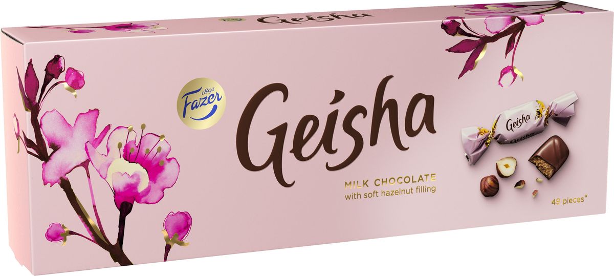 Fazer Geisha конфеты молочный шоколад c тертым орехом, 350 г5728 Fazer Geisha конфеты молочный шоколад c тертым орехом, 350 г5728Производство шоколада шоколада Geisha началось в 1962 году, когда в превосходный молочный шоколад добавили начинку из натурального лесного ореха и оформили в изящную нежно розовую упаковку с цветущей сакурой. Шоколадно-ореховое лакомство воплощает в себе гармоничный образ женской красоты, полный загадочности и романтики.