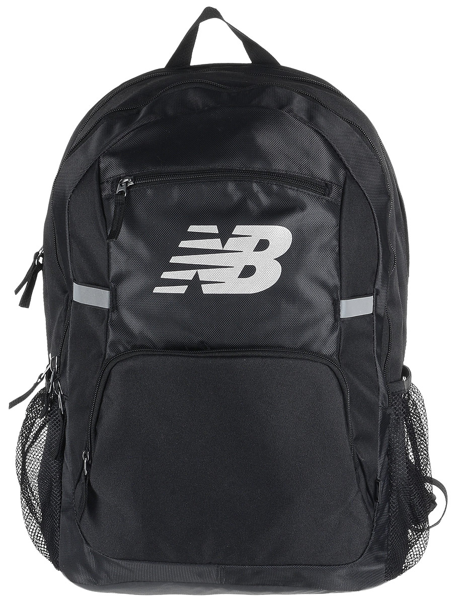 Рюкзак New Balance Accelerator Backpack, цвет: черный. 500100/BK500100/BK Рюкзак New Balance Accelerator Backpack, цвет: черный. 500100/BK500100/BKСтильный городской рюкзак New Balance Accelerator Backpack, выполненный из полиэстера и нейлона, оформлен фирменной символикой. Изделие имеет три отделения, которые закрываются на застежки-молнии. Одно отделение предназначено для ноутбука. Внутри среднего отделения находятся три накладных кармана, один из которых на застежке-молнии. Внутри третьего расположены шесть эластичных фиксаторов и накладной сетчатый карман. Снаружи, на передней стенке расположены два накладных кармана на застежках-молниях. Боковые стороны дополнены сетчатыми карманами для бутылок с водой. Рюкзак оснащен широкими регулируемыми лямками и ручкой для переноски в руке. Уплотненная спинка с сетчатыми вставками обеспечивает комфорт и естественную вентиляцию при переноске рюкзака. Светоотражающие элементы увеличивают вашу безопасность в темное время суток.