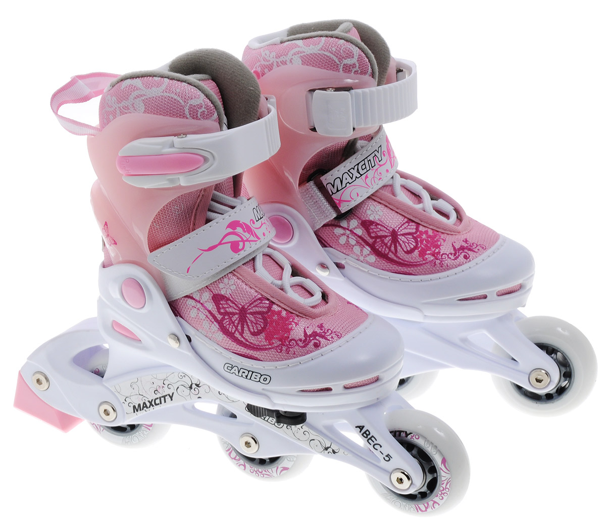 Комплект MaxCity Caribo Combo Girl: коньки роликовые раздвижные, защита, шлем, цвет: розовый, белый. Размер 30/33CARIBO Комплект MaxCity Caribo Combo Girl: коньки роликовые раздвижные, защита, шлем, цвет: розовый, белый. Размер 30/33CARIBOСтильный комплект Caribo Combo от MaxCity состоит из раздвижных роликовых коньков, шлема и защиты (наколенники, налокотники, защита запястий) и оформлен ярким оригинальным принтом. Комплект предназначен для детей и начинающих роллеров. Ботинок конька изготовлен из комбинированных синтетических и полимерных материалов, обеспечивающих максимальную вентиляцию ноги. Анатомически облегченная конструкция ботинка из пластика обеспечивает улучшенную боковую поддержку и полный контроль над движением. Подкладка из мягкого текстиля комфортна при езде. Стелька Hi Dri из ЭВА с бактериальным покрытием обеспечивает комфорт, амортизацию и предотвращает появление запаха. Классическая шнуровка обеспечивает отличную фиксацию на ноге. Также модель оснащена ремешком с липучкой на подъеме и на голенище - клипсой с фиксатором. Пластиковая рама почти не уступает в прочности металлической, но амортизирует не только усилие ноги, но и неровности дорожного покрытия, и не позволяет быстро разгоняться. Мягкие...
