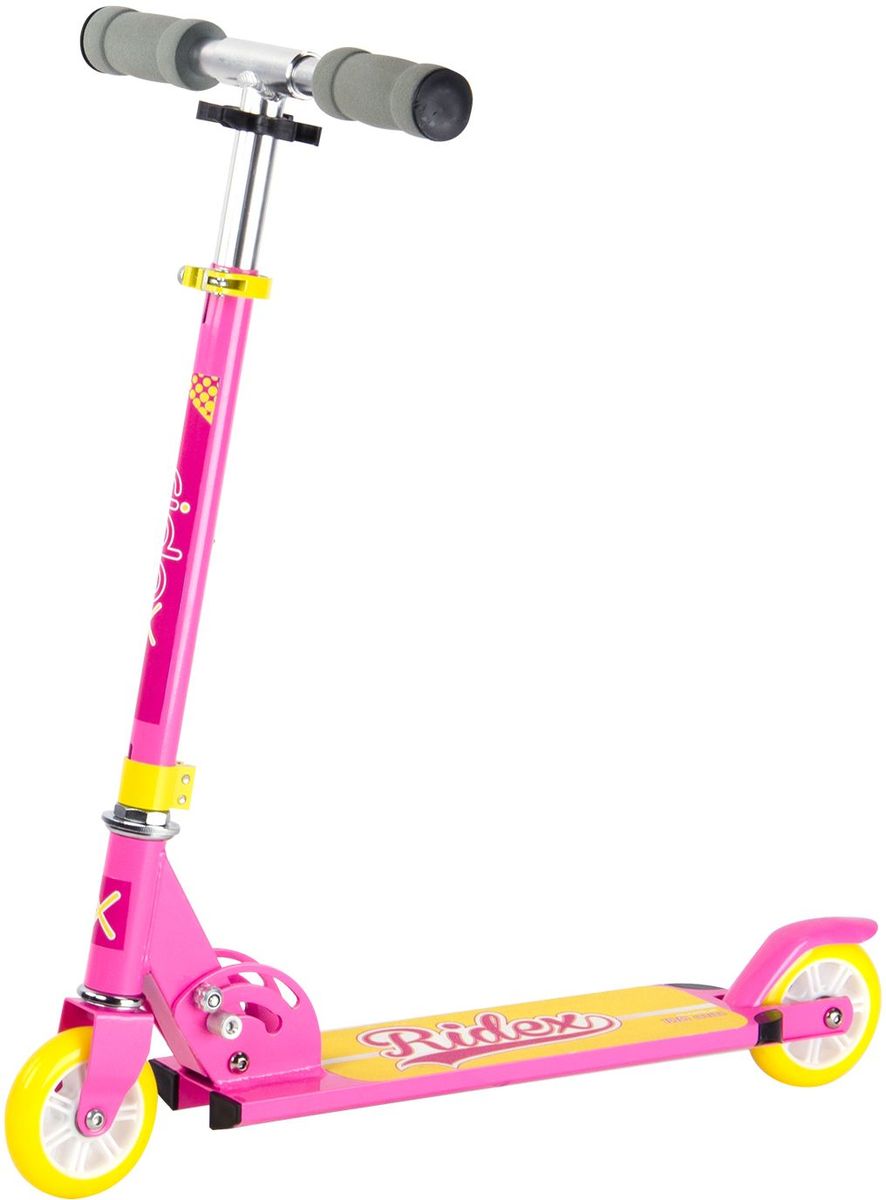 Самокат Ridex Glamour, 2-колесный, цвет: розовый, желтый, 100 ммУТ-00009701 Самокат Ridex Glamour, 2-колесный, цвет: розовый, желтый, 100 ммУТ-00009701Самокат бренда Ridex с колёсами 100 миллиметров – наиболее подходящая модель для езды по ровной поверхности, ориентированная на юных любителей катания. Сочетание ярких цветов самоката Glamour не оставит равнодушной ни одну подрастающую модницу! Самокат отличается надежностью конструкции и маневренностью: небольшие колеса с качественными подшипниками ABEC - 7 обеспечат развитие безопасной скорости, мягкие пенные ручки гарантируют приятное, комфортное сцепление с ладонями.
