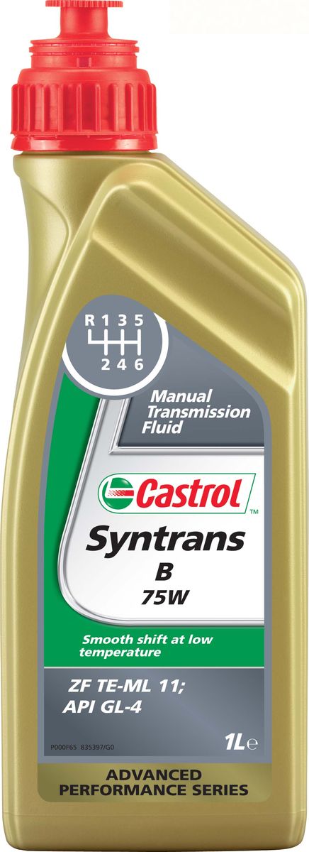 Трансмиссионое масло для механических кпп Castrol Syntrans B 75W, 1 л154F9F Трансмиссионое масло для механических кпп Castrol Syntrans B 75W, 1 л154F9FОписание Castrol Syntrans B 75W – полностью синтетическое трансмиссионное масло, одобренное по спецификации ZF TE-ML 11, для использования в продольно расположенных механических коробках передач автомобилей BMW. Преимущества - Превосходная защита шестерен и подшипников, что особенно важно в работе продольно расположенных механических коробок передач. - Исключительная текучесть при низких температурах способствует плавному переключению передач. - Высокая стабильность к сдвигу обеспечивает постоянную величину вязкости в течение срока службы масла. - Отличные термическая стабильность и стойкость к окислению поддерживают чистоту деталей механической коробки передач, продлевают срок службы масла и защищают уплотнения. Спецификации API GL-4 ZF TE-ML 11
