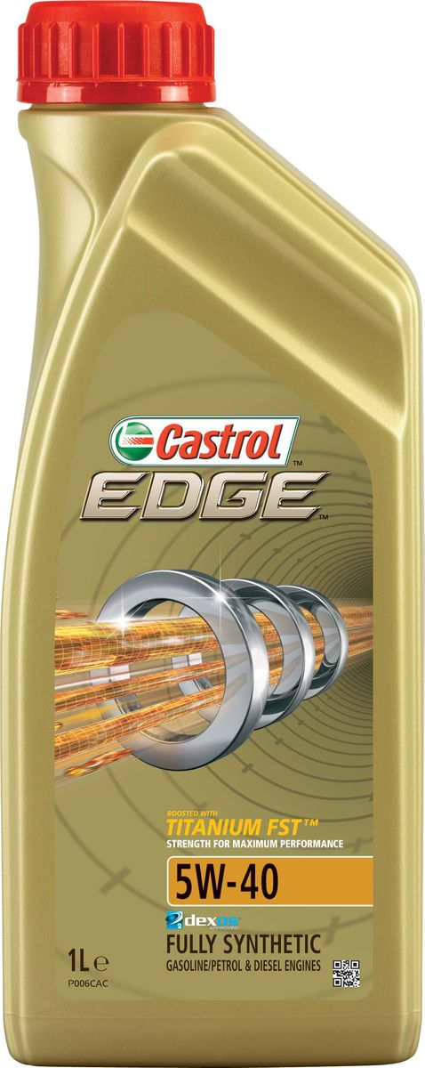 Моторное масло Castrol Edge5W-40, 1 л157B1B Моторное масло Castrol Edge5W-40, 1 л157B1BОписание Полностью синтетическое моторное масло Castrol EDGE произведено с использованием новейшей технологии TITANIUM FST™, придающей масляной пленке дополнительную силу и прочность благодаря соединениям титана. TITANIUM FST™ радикально меняет поведение масла в условиях экстремальных нагрузок, формируя дополнительный ударопоглащающий слой. Испытания подтвердили, что TITANIUM FST™ в 2 раза увеличивает прочность пленки, предотвращая ее разрыв и снижая трение для максимальной производительности двигателя. С Castrol EDGE Ваш автомобиль готов к любым испытаниям независимо от дорожных условий. Применение Castrol EDGE 5W-40 предназначено для бензиновых и дизельных двигателей автомобилей, где производитель рекомендует моторные масла спецификаций ACEA C3, API SN или более ранних. Castrol EDGE 5W-40 одобрено к применению ведущими производителями техники (см. раздел спецификаций и руководство по эксплуатации автомобиля). *GM dexos2®: заменяет GM-LL-B-025 and GM-LL-A-025 : GB2D0715082...