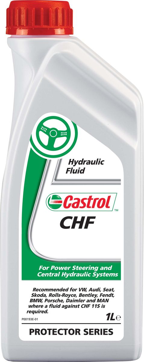 Жидкость для гидроусилителя Castrol CHF, 1 л15816E Жидкость для гидроусилителя Castrol CHF, 1 л15816EОписание Castrol CHF – специальная гидравлическая жидкость с рабочим диапазоном температур от -40 °C до 130 °C. Castrol CHF предназначена для использования в различных гидравлических системах, в том числе ГУР, гидропневматические системы подвески, амортизаторы, системы стабилизации при движении (ABS, ASR, ASC) и электрогидравлическая система привода крыши кабриолетов. Castrol CHF рекомендован автопроизводителями VW, Audi, Seat, Skoda, Rolls-Royce, Bentley, Fendt, BMW, Porsche, Daimler и MAN в случае, если требуется гидравлическая жидкость соответствующая спецификации CHF 11S. Спецификации CHF 11S VW 002 000 MAN M3289