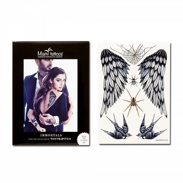 Переводные тату Miami Tattoos Dark Side Immortals, 1 лист 29,7см*21смMT0038 Переводные тату Miami Tattoos Dark Side Immortals, 1 лист 29,7см*21смMT0038Miami Tattoos - это дизайнерские переводные тату-украшения. Крылья во всю спину или ласточки на запястьях - с коллекцией Dark Side Immortals ощущение полета неизбежно! Тонкая прорисовка этих узоров не дает шанса усомниться в том, что татуировки настоящие. Для производства Miami Tattoos используются только качественные,?яркие?и?стойкие?краски. Они?не вызывают аллергию и держатся?до семи?дней!