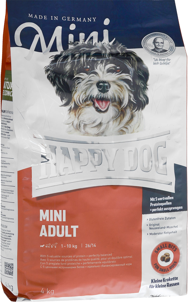 Корм сухой Happy Dog Adult для взрослых собак мелких пород, 4 кг60002 Корм сухой Happy Dog Adult для взрослых собак мелких пород, 4 кг60002Happy Dog Adult - полнорациональный корм для собак мелких пород. Слишком большое количество белка и жира нередко становится для наших собак причиной множества хронических заболеваний - прежде всего при недостатке физической активности! Помочь может сбалансированное, не слишком калорийное питание, соответствующее реальным потребностям собаки с нормальной активностью. Сухой корм Happy Dog Adult содержит 26% легко усваиваемого белка высшего качества и адекватное количество жира - 14% - с жизненно необходимыми Омега-3- и Омега-6- ненасыщенными жирными кислотами, которые производятся из ценного сырья животного и растительного происхождения. Состав: кукуруза, птица, птичий жир, рисовая мука, картофель, лосось, рыба, ягненок, масло из семян подсолнечника, свекольная пульпа, яблочная пульпа (0,6%), рапсовое масло, сухое цельное яйцо, хлорид натрия, дрожжи, хлорид калия, морские водоросли (0,15%), семя льна (0,15%), мясо моллюска (0,02%),...