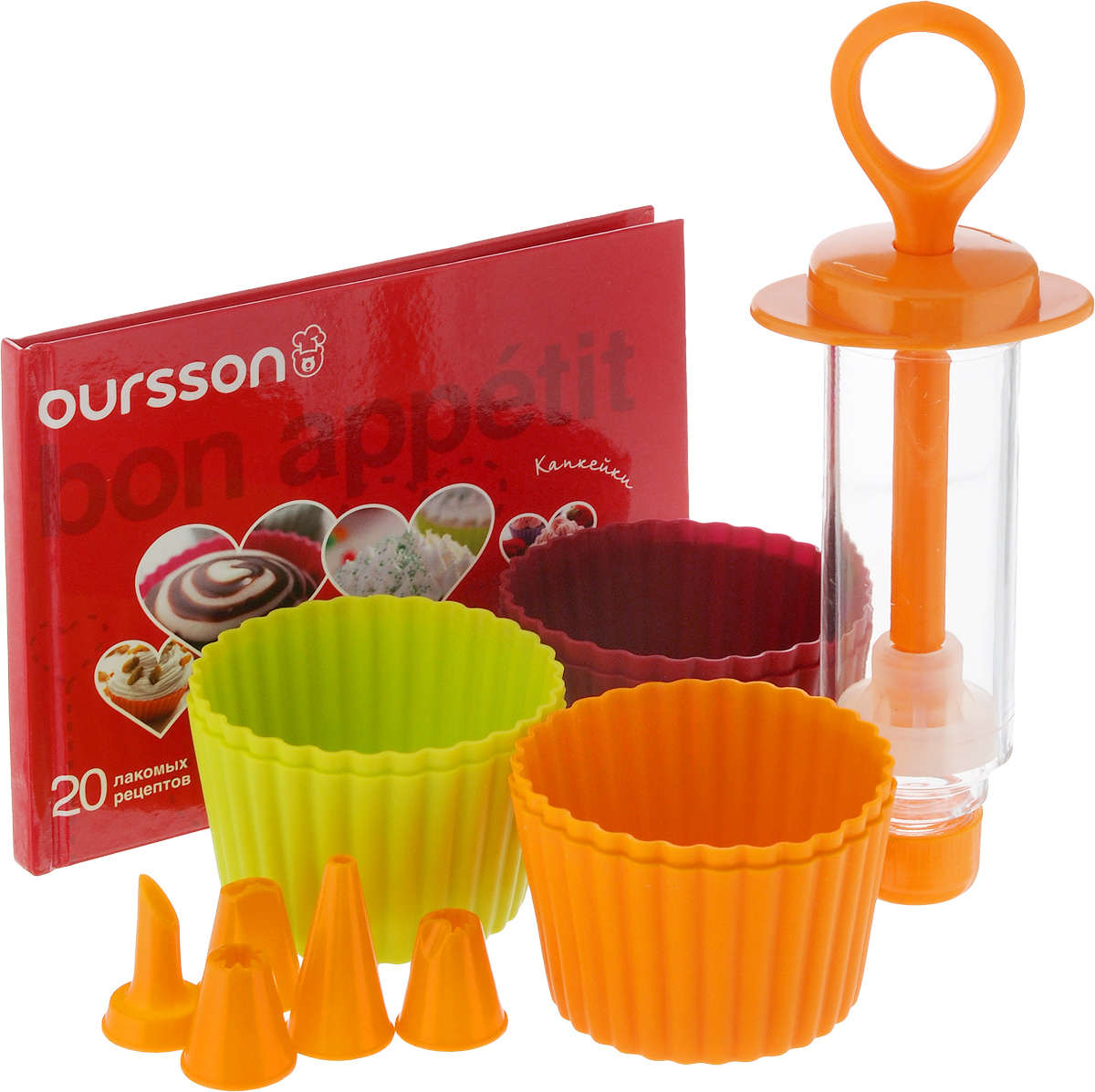 Набор для выпечки Oursson Bon Appetit, 13 предметовBW2556SS/MC Набор для выпечки Oursson Bon Appetit, 13 предметовBW2556SS/MCЕсли вы любите побаловать своих домашних вкусной и ароматной выпечкой по вашему оригинальному рецепту, то набор для выпечки Oursson Bon Appetit как раз то, что вам нужно! Набор идеально подходит для приготовления сладкой с соленой выпечки. Набор состоит из 6 силиконовых форм для выпечки, кондитерского шприца с 5 насадками и книги рецептов. Формочки выполнены из силикона. Силикон устойчив к перепадам температуры от -40°C до +230°C, практичен при хранении за счет гибкости. Такие формы позволяют быстро и легко извлекать приготовленные изделия. Кондитерский шприц и насадки изготовлены из пластика. С помощью данного изделия вы сможете украсить свои десерты на ваш вкус. В комплект входит книга, в которой предоставлены 20 рецептов капкейков. Капкейк - американское название кекса. Пирожное небольшого размера, предназначенное для употребления в пищу одним человеком, запеченное в тонкой бумаге или алюминиевой форме для выпечки. Предметы набора можно мыть в посудомоечной...