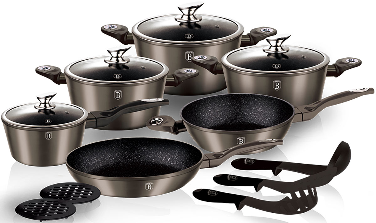 Набор посуды Berlinger Haus Carbon Metallic Line, 15 предметов1223-ВН Набор посуды Berlinger Haus Carbon Metallic Line, 15 предметов1223-ВННабор посуды 15 предметов, сковорода 28 x 5.2 см, глубокая сковорода 24 x 6.5 см, кастрюля с крышкой 20 х 10 см, 2,5 л, кастрюля с крышкой 24 х 12 см, 4 л, кастрюля 28 x 12.5 см, 6,6 л, ковш 16 х 8.5 см, 1,3л, бакелитовые подставки 2 шт., кухонные принадлежности 3 шт., эргономическая ручка с покрытием soft touch, мраморное покрытие. Подходит для всех видов плит: газовых, электрических, стеклокерамических, галогенных, индукционных.