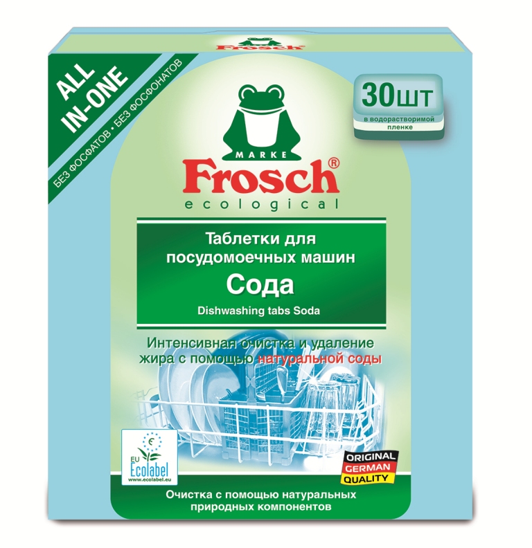 Таблетки для мытья посуды Frosch, для посудомоечной машины, 30 шт709190 Таблетки для мытья посуды Frosch, для посудомоечной машины, 30 шт709190Таблетки Frosch предназначены для мытья посуды в посудомоечной машине. Это сильнодействующее и интенсивное средство, обладающее всеми функциями современных таблеток для идеальной чистоты и блеска посуды. Формула с натуральной содой отмывает даже засохшие остатки пищи. Предотвращает помутнение стекла и сохраняет блеск. Средство надежно предупреждает образование известкового налета. Таблетки эффективны даже при низкой температуре. Они предусмотрены специально для того, чтобы использовать правильное количество продукта в зависимости от степени загрязнения посуды. Торговая марка Frosch специализируется на выпуске экологически чистой бытовой химии. Для изготовления своей продукции Frosch использует натуральные природные компоненты. Ассортимент содержит все необходимое для бережного ухода за домом и вещами. Продукция торговой марки Frosch эффективно удаляет загрязнения, оберегает кожу рук и безопасна для...