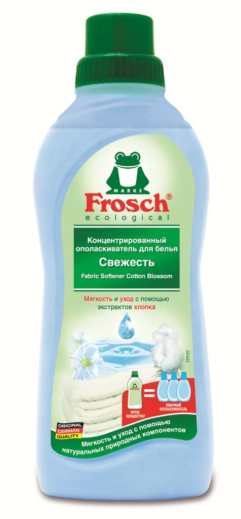 Ополаскиватель для белья Frosch, концентрированный, 750 мл709283 Ополаскиватель для белья Frosch, концентрированный, 750 мл709283Ополаскиватель для белья Frosch с помощью активных веществ на растительной основе смягчает волокна ткани, защищает их и сохраняет воздухопроницаемость белья. Средство подходит для хлопка, шерсти, вискозы, меланжевой ткани и синтетических волокон (например, эластана). Содержит натуральные отдушки, которые снижают риск появления раздражения на коже. Не содержит фосфата и формальдегида. Торговая марка Frosch специализируется на выпуске экологически чистой бытовой химии. Для изготовления своей продукции Frosch использует натуральные природные компоненты. Ассортимент содержит все необходимое для бережного ухода за домом и вещами. Продукция торговой марки Frosch эффективно удаляет загрязнения, оберегает кожу рук и безопасна для окружающей среды. Характеристики: Объем: 750 мл. Производитель: Германия. Товар сертифицирован.