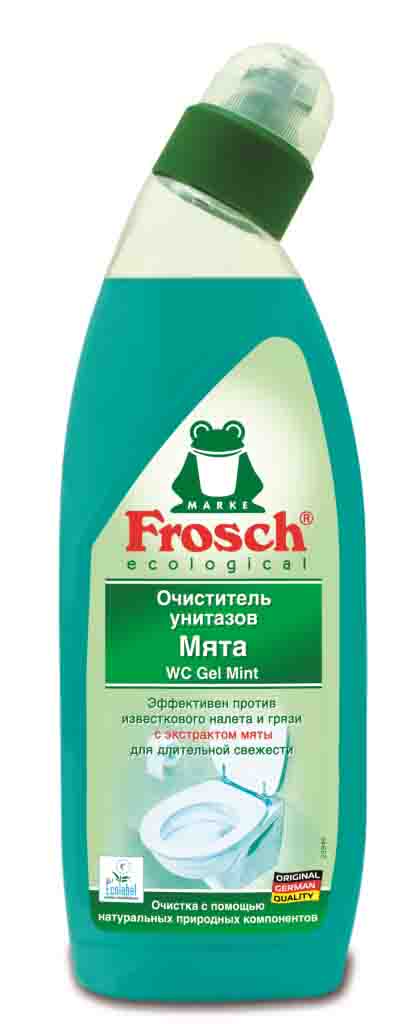 Очиститель для унитазов Frosch, с ароматом мяты, 750 мл711442 Очиститель для унитазов Frosch, с ароматом мяты, 750 мл711442Чистящее средство Frosch предназначено для чистки унитазов. Очиститель удаляет естественным образом известь, мочевой камень и грязь с унитаза. Удобный наклон дозатора позволяет легко наносить гель под кромку унитаза. Очиститель удаляет неприятные запахи и обеспечивает длительную свежесть благодаря натуральным экстрактам мяты. Поверхностно активные вещества расщепляются на 98%.