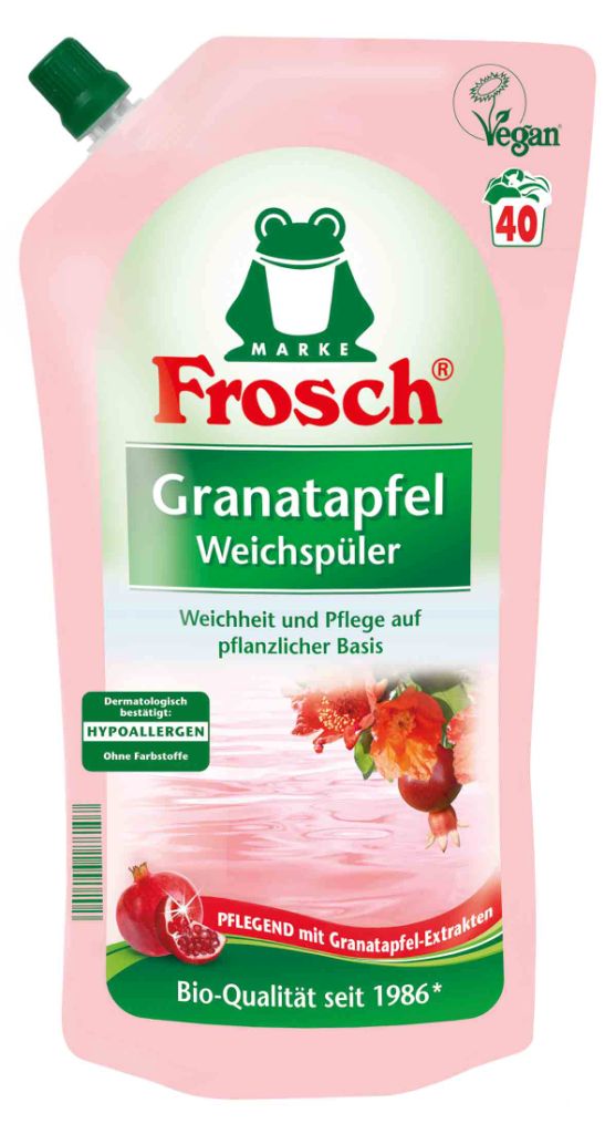 Кондиционер-ополаскиватель для белья Frosch Гранат, концентрированный, аромат граната, 1 л101552 Кондиционер-ополаскиватель для белья Frosch Гранат, концентрированный, аромат граната, 1 л101552Кондиционер-ополаскиватель для белья Frosch Гранат с ароматом граната с помощью активных веществ на растительной основе смягчает волокна ткани, защищает их и сохраняет воздухопроницаемость белья. Лицам с повышенной чувствительностью кожи рекомендуется применять резиновые перчатки. Одной упаковки хватает на 40 стирок. Объем: 1 л.