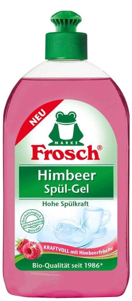 Гель для мытья посуды Frosch, концентрированный, с ароматом малины, 0,5 л713590 Гель для мытья посуды Frosch, концентрированный, с ароматом малины, 0,5 л713590Гель для мытья посуды Frosch быстро удаляет жир и грязь с помощью высокоэффективных биологически жирорастворяющих веществ, которые разлагаются в почве на 98%. Благодаря своей нейтральной кислотности, гель благоприятно действует на кожу рук, сохраняя ее эластичной и ухоженной, оставляя после себя приятный аромат малины. Товар сертифицирован.