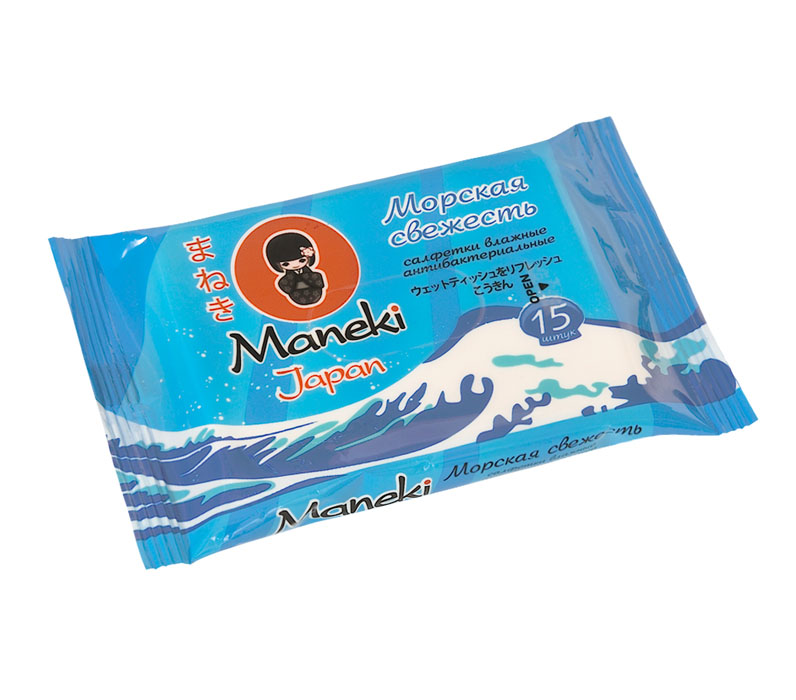 Maneki Салфетки влажные Kaiteki антибактериальные Морская свежесть, 15шт.WT517 Maneki Салфетки влажные Kaiteki антибактериальные Морская свежесть, 15шт.WT517Влажные салфетки антибактериальные Морская свежесть не содержат спирт. Эффективно очищают руки от различных загрязнений. Эффективно очищают руки от различных загрязнений. Размер листа 153х200 мм в упаковке 15 шт.