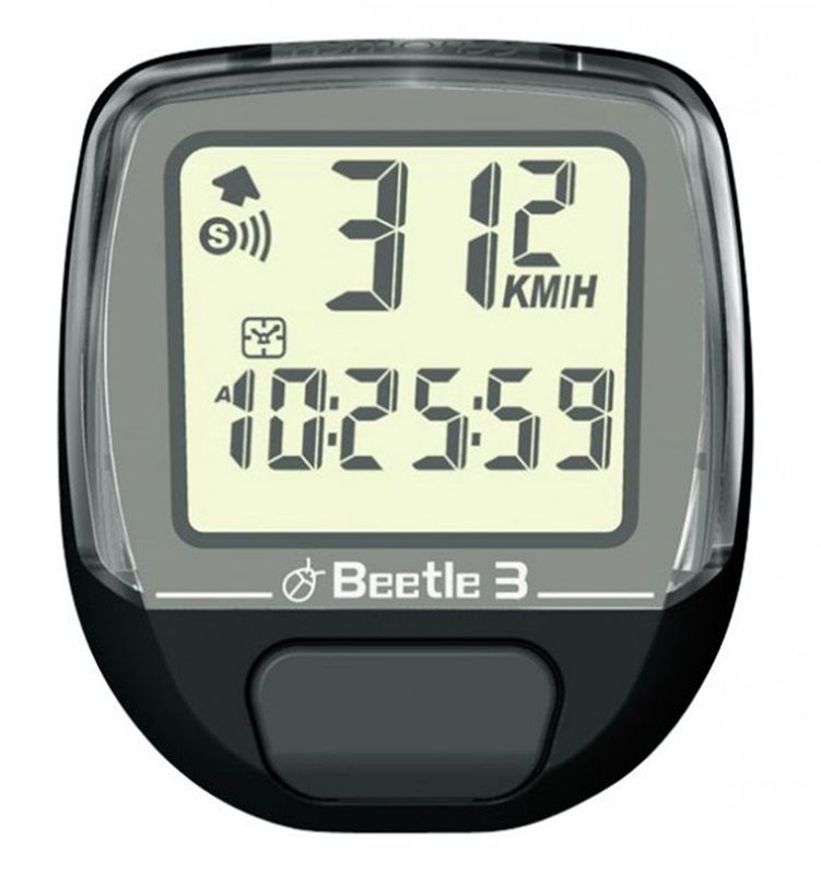 Велокомпьютер Echowell Beetle-3, проводной, 10 функций, цвет: черныйBeetle 3 Велокомпьютер Echowell Beetle-3, проводной, 10 функций, цвет: черныйBeetle 3Проводной велокомпьютер Echowell Beetle-3 с десятью функциями в стильном корпусе предназначен для использования при занятиях велоспортом, велотуризмом и просто катании на велосипеде. Это удобный и простой в использовании электронный прибор, предоставляющий велосипедисту всю необходимую информацию о поездке. Имеет отличную водо- и пылезащиту. Велокомпьютер состоит из двух частей соединенных проводом - дисплея, внешне похожего на электронные часы и датчика скорости. Дисплей крепится на руле с возможностью мгновенно отсоединить его, когда нет желания оставлять на велосипеде без присмотра или под дождем. Магнитный датчик скорости (геркон) крепится рядом с колесом. Велокомпьютер определяет скорость движения с точностью до десятых долей, дистанцию - с точностью до 10 метров. На дисплее функции поочередно сменяют друг друга. Все операции и настройки выполняются одной кнопкой. Функции: скорость текущая, скорость средняя, скорсть...