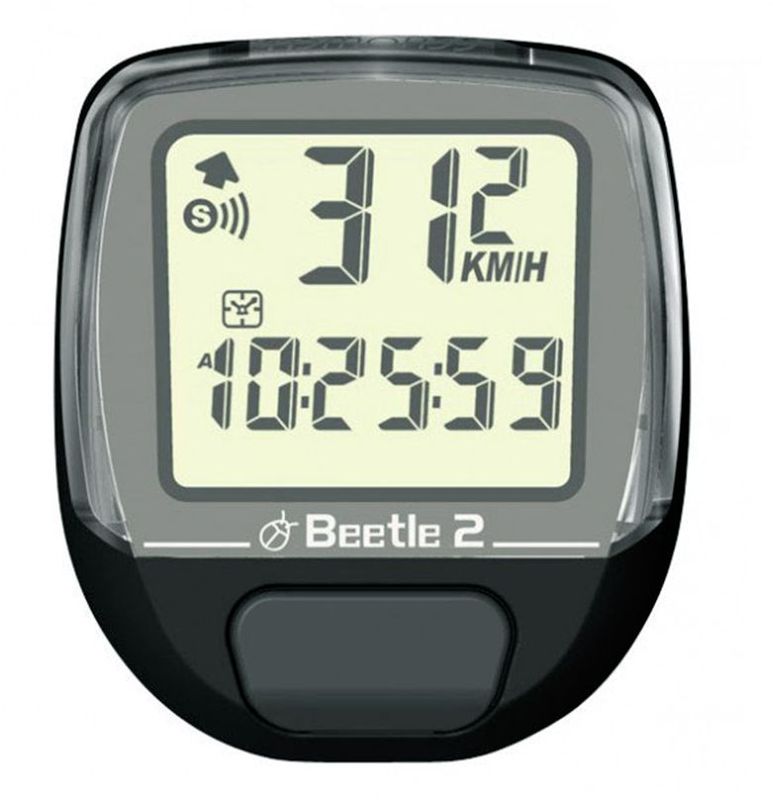 Велокомпьютер Beetle-2, 8 функций, цвет: черный4712593200564 Велокомпьютер Beetle-2, 8 функций, цвет: черный4712593200564Проводной велокомпьютер Beetle-2 с восьмью функциями в стильном корпусе предназначен для использования при занятиях велоспортом, велотуризмом и просто катании на велосипеде. Имеет отличную водо и пылезащиту. Велокомпьютер Beetle-2 оснащен следующими функциями: Текущая скорость. Средняя скорость. Максимальная скорость. Текущее время. Общее время. Общий пробег (одометр). Текущее расстояние. Часы. Велокомпьютер определяет скорость движения с точностью до десятых долей, дистанцию - с точностью до 10 метров. На дисплее функции поочередно сменяют друг друга. Все операции и настройки выполняются одной кнопкой. Велокомпьютер работает от литиевой батарейки типа CR2032 (входит в комплект). Характеристики: Материал: пластик, металл. Размер велокомпьютера: 4 см x 5 см x 2 см. Размер упаковки: 8,5 см x 7,5 см x 4 см. Производитель: Тайвань. ...