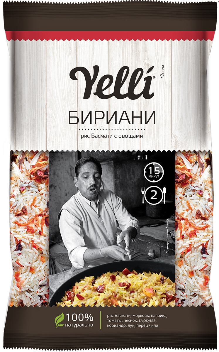 Yelli рис басмати с овощами Бириани, 120 гЕЛ 135/10 Yelli рис басмати с овощами Бириани, 120 гЕЛ 135/10Бириани - известное блюдо южно-азиатской кухни, особенно популярное в Индии. Бириани имеет множество вариаций, но его основа - тонкий и ароматный рис Басмати - остается неизменной. Бириани готовят с мясом или подают мясо отдельно, в вегетарианских рецептах к рису добавляют овощи и специи, иногда орехи.